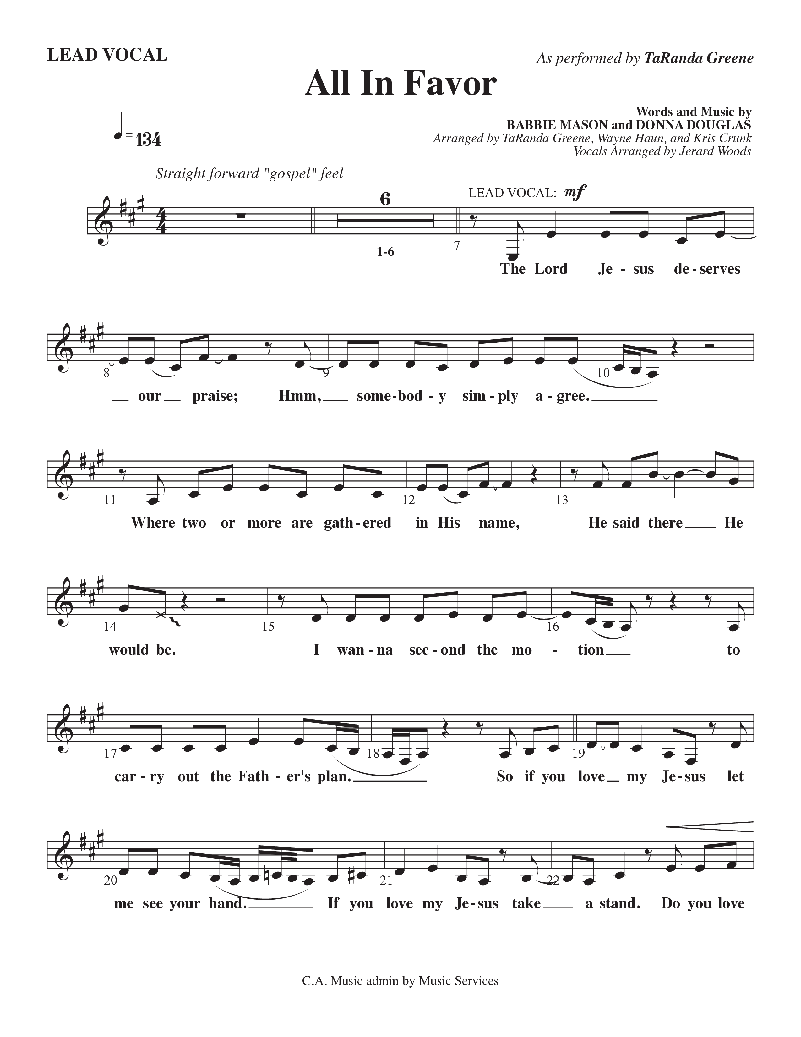 All In Favor (Choral Anthem SATB) Lead Sheet Melody (TaRanda Greene / Arr. Wayne Haun / Arr. Kris Crunk)
