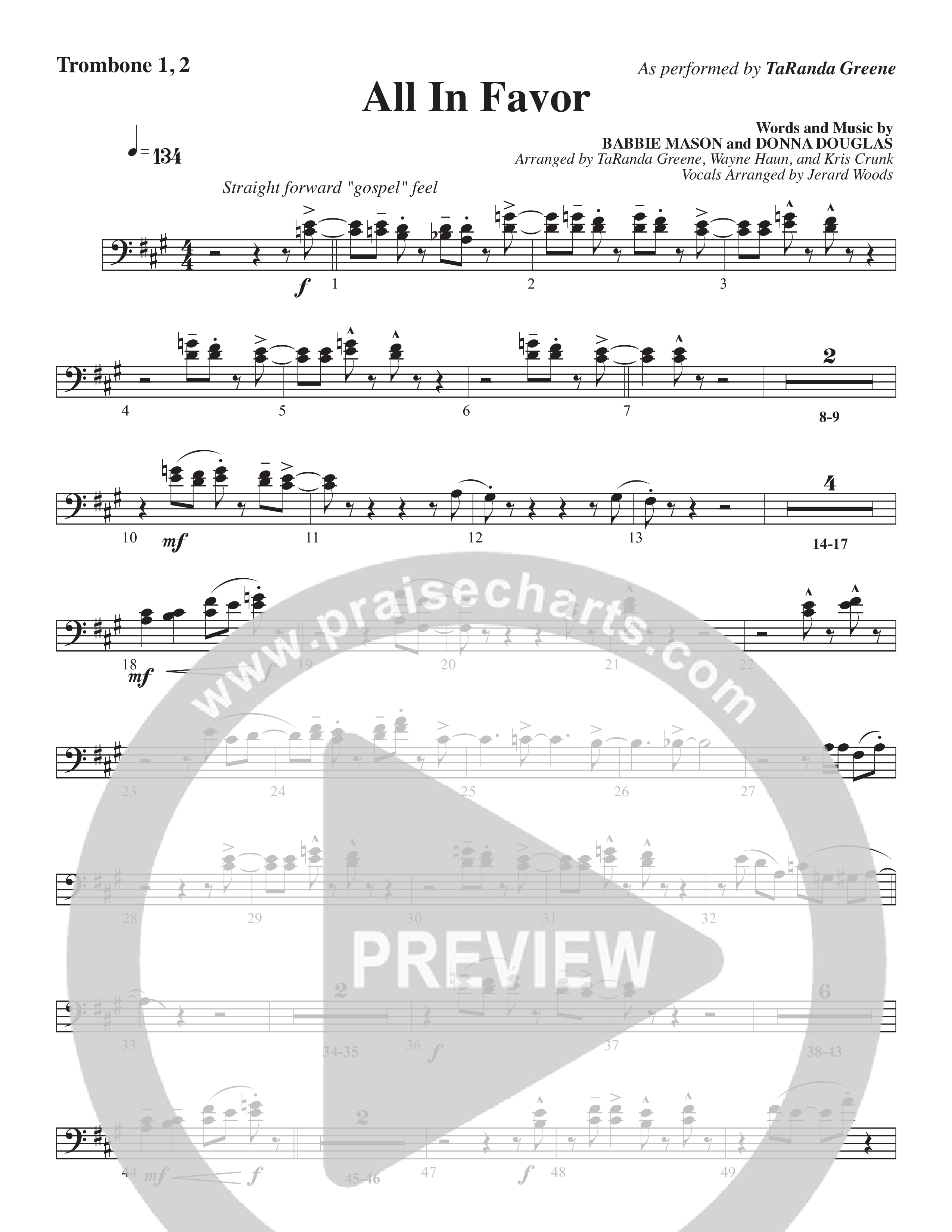 All In Favor (Choral Anthem SATB) Trombone 1/2 (TaRanda Greene / Arr. Wayne Haun / Arr. Kris Crunk)