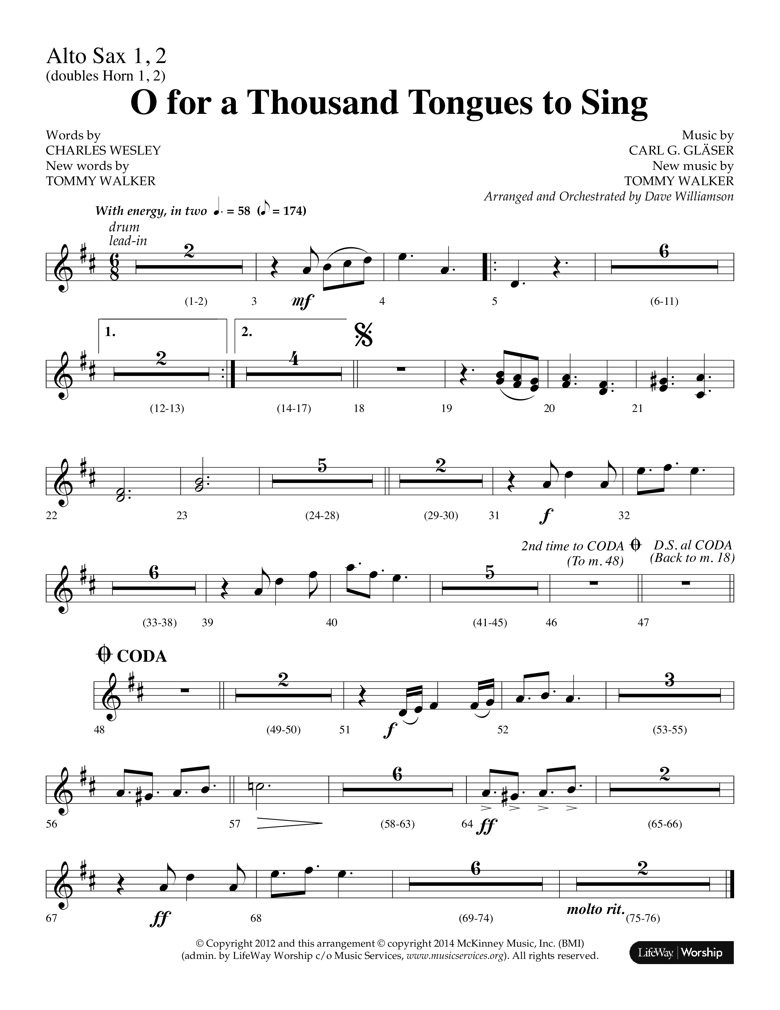 O For A Thousand Tongues (Choral Anthem SATB) Alto Sax 1/2 (Lifeway Choral / Arr. Dave Williamson)