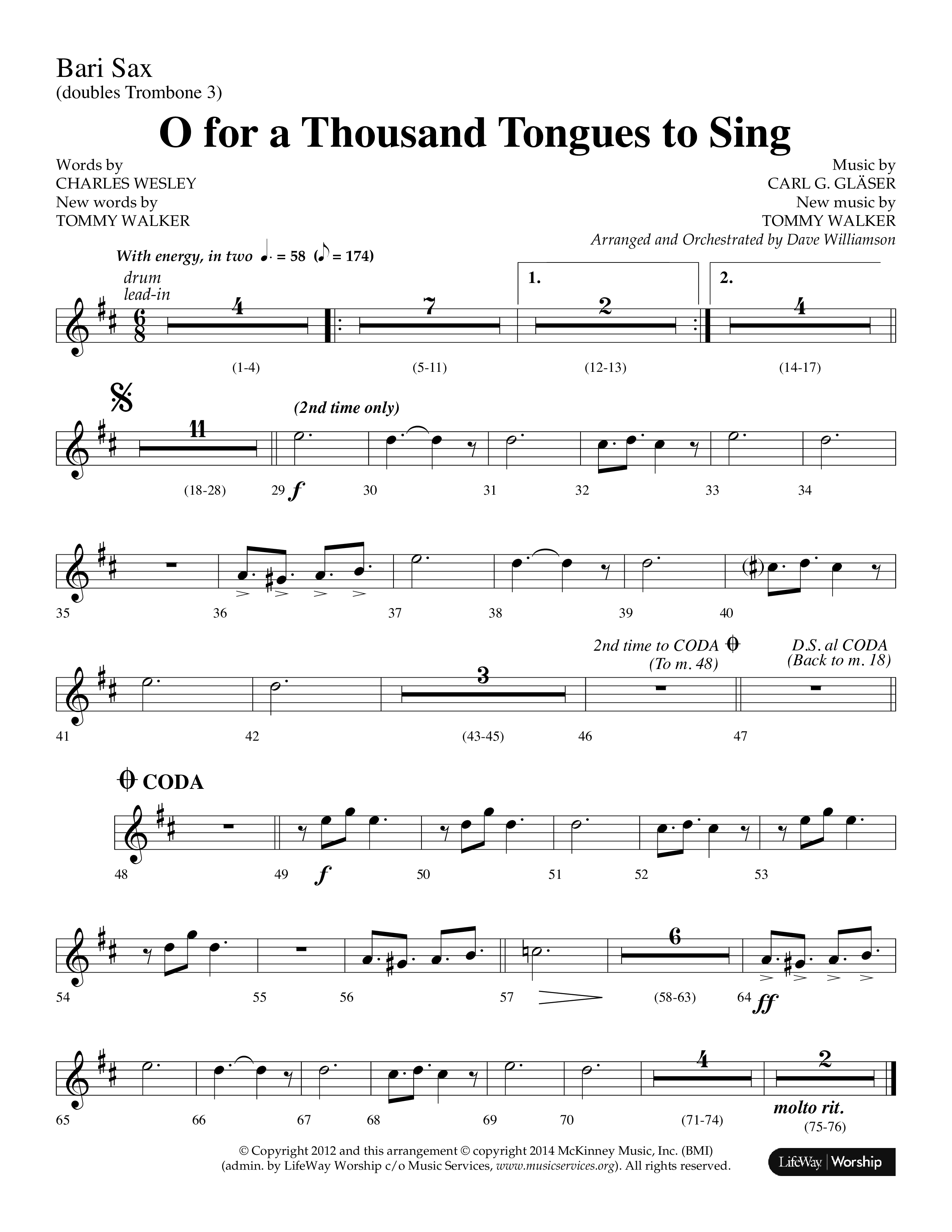 O For A Thousand Tongues (Choral Anthem SATB) Bari Sax (Lifeway Choral / Arr. Dave Williamson)