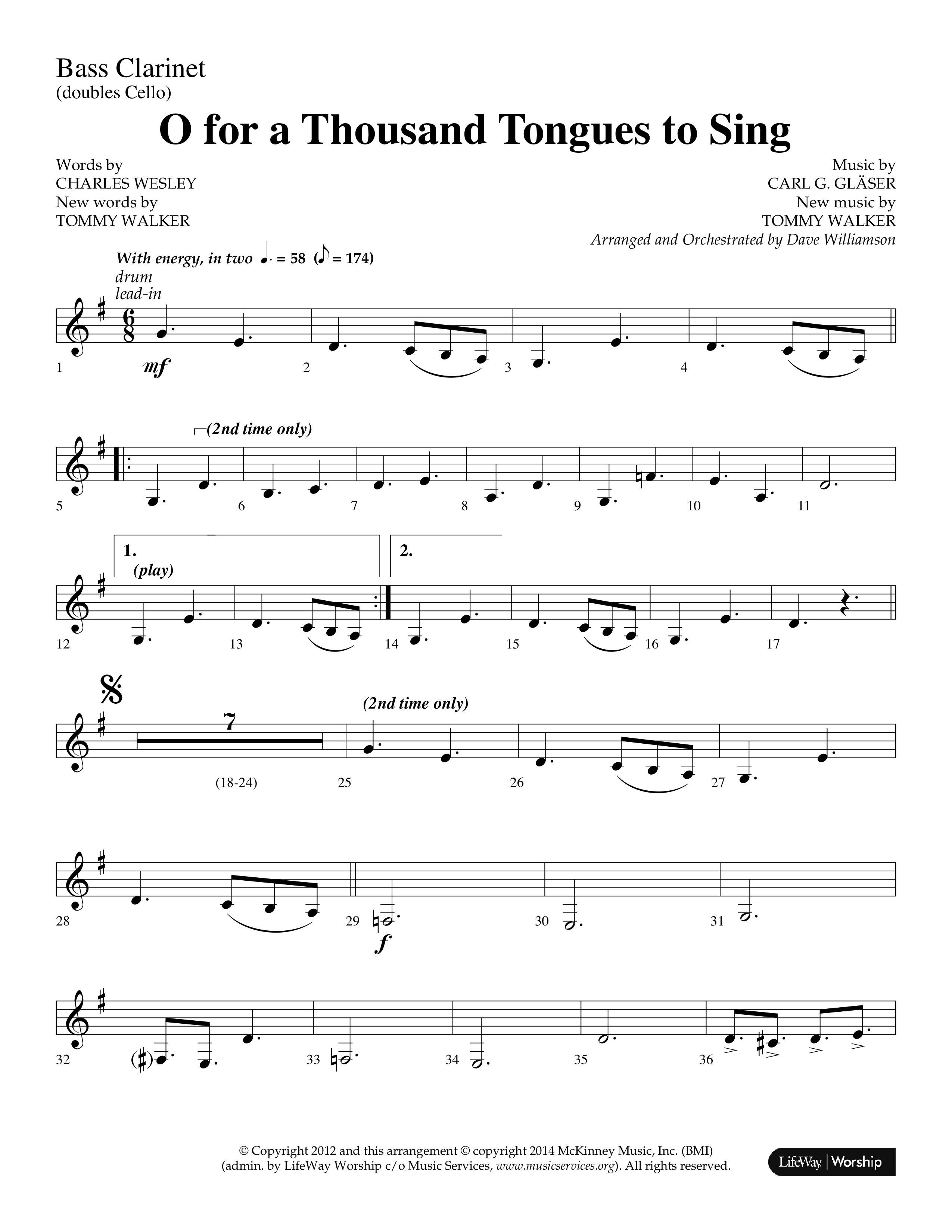 O For A Thousand Tongues (Choral Anthem SATB) Bass Clarinet (Lifeway Choral / Arr. Dave Williamson)