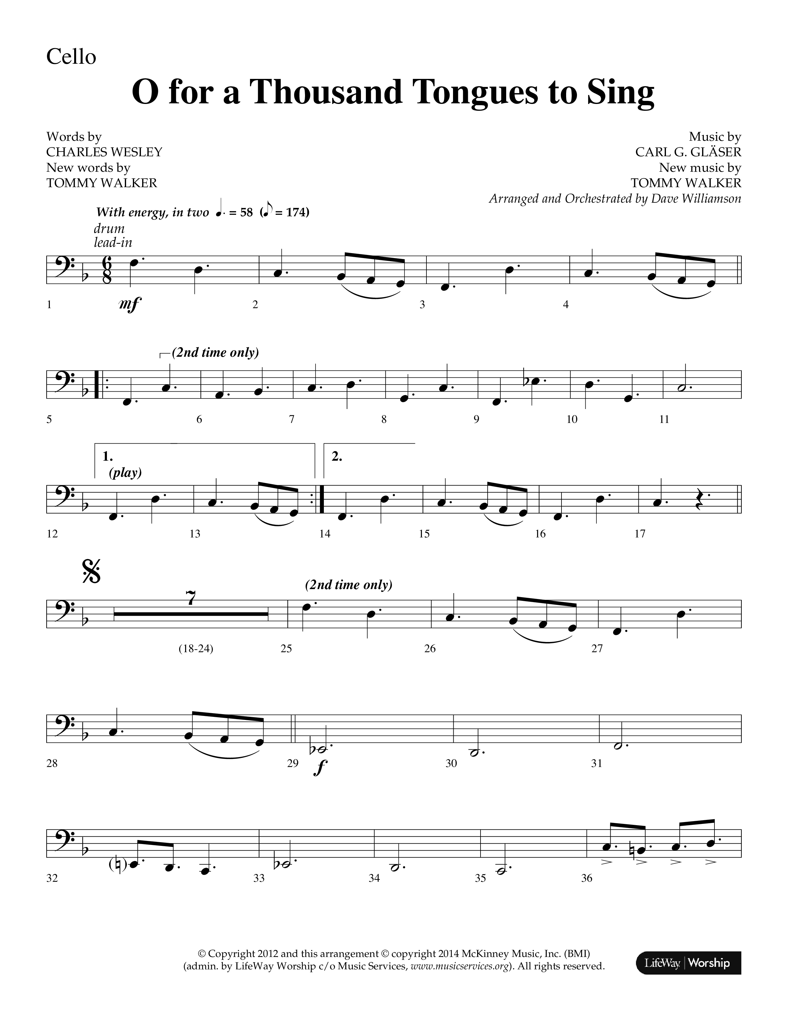O For A Thousand Tongues (Choral Anthem SATB) Cello (Lifeway Choral / Arr. Dave Williamson)