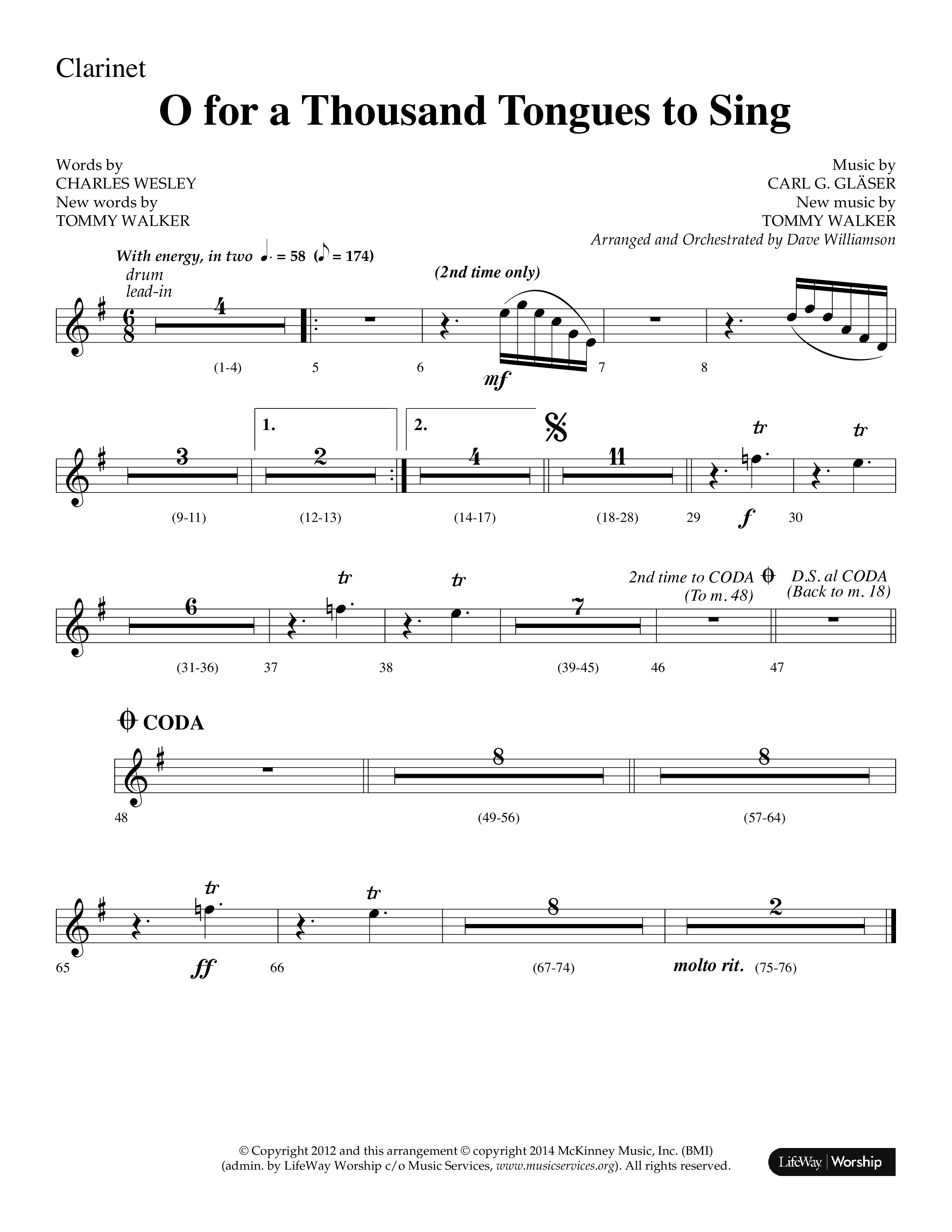 O For A Thousand Tongues (Choral Anthem SATB) Clarinet 1/2 (Lifeway Choral / Arr. Dave Williamson)
