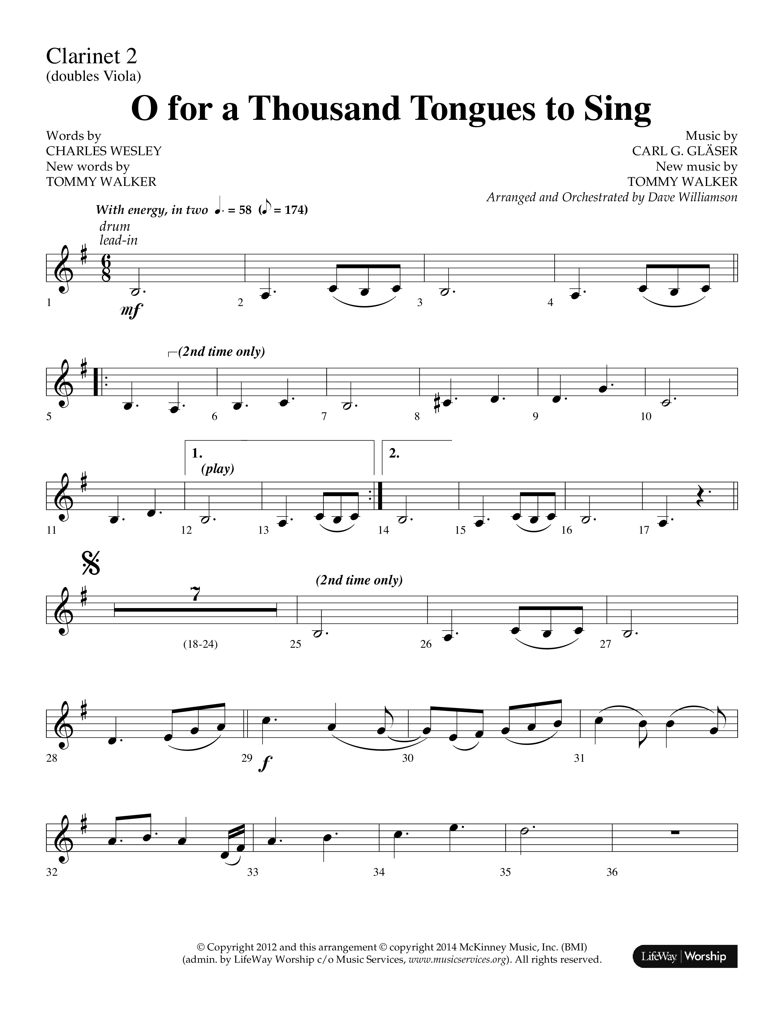 O For A Thousand Tongues (Choral Anthem SATB) Clarinet 1/2 (Lifeway Choral / Arr. Dave Williamson)