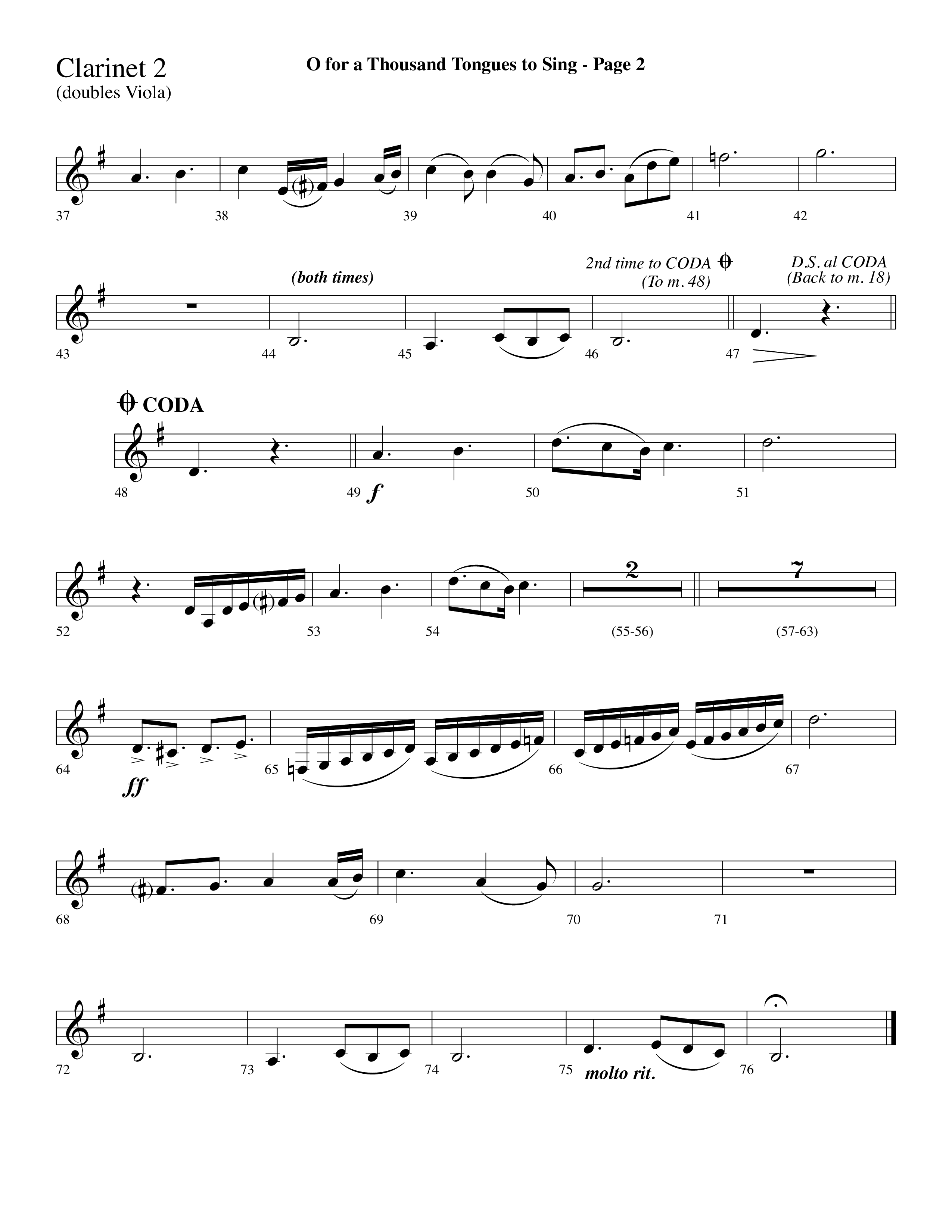O For A Thousand Tongues (Choral Anthem SATB) Clarinet 1/2 (Lifeway Choral / Arr. Dave Williamson)