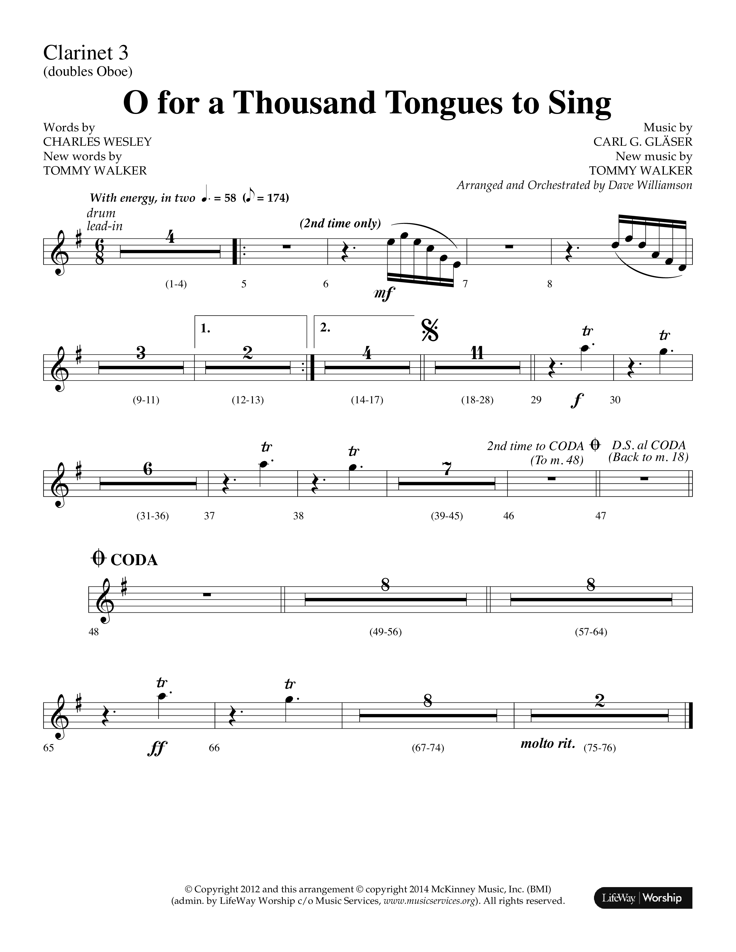 O For A Thousand Tongues (Choral Anthem SATB) Clarinet 3 (Lifeway Choral / Arr. Dave Williamson)