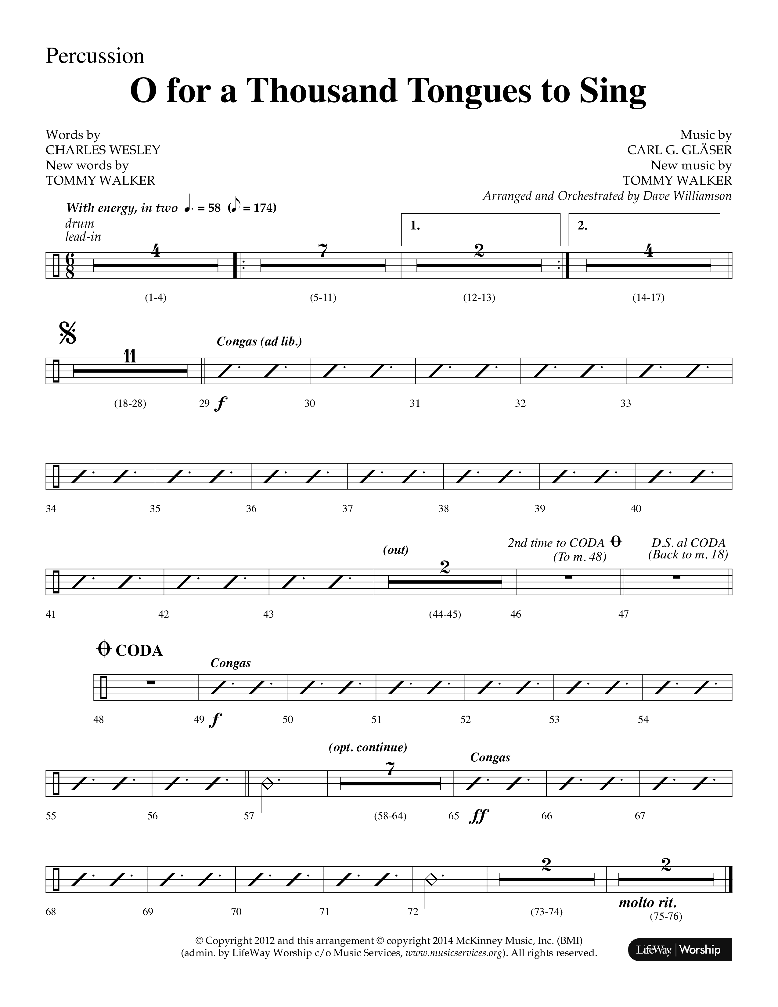 O For A Thousand Tongues (Choral Anthem SATB) Percussion (Lifeway Choral / Arr. Dave Williamson)