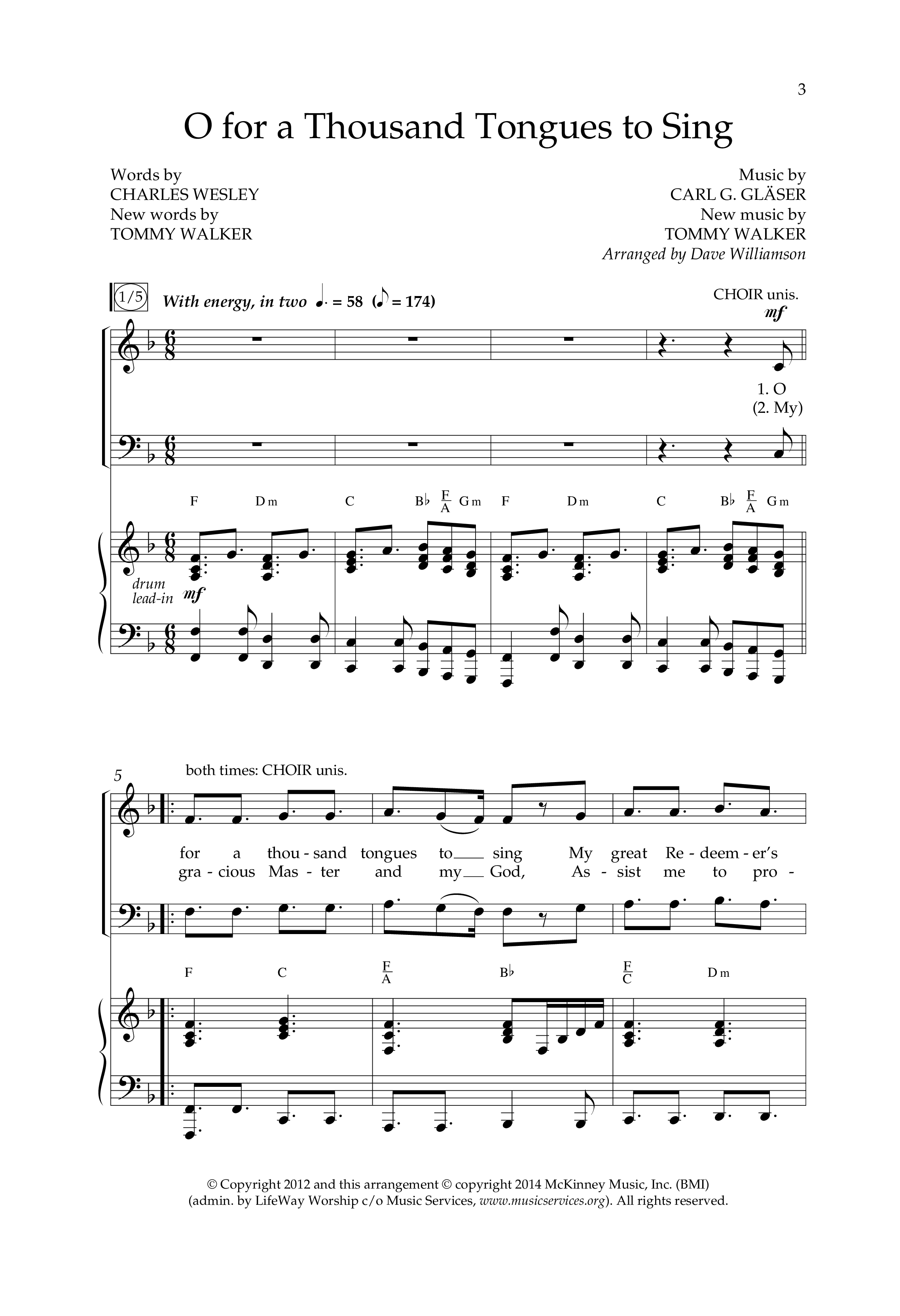 O For A Thousand Tongues (Choral Anthem SATB) Anthem (SATB/Piano) (Lifeway Choral / Arr. Dave Williamson)