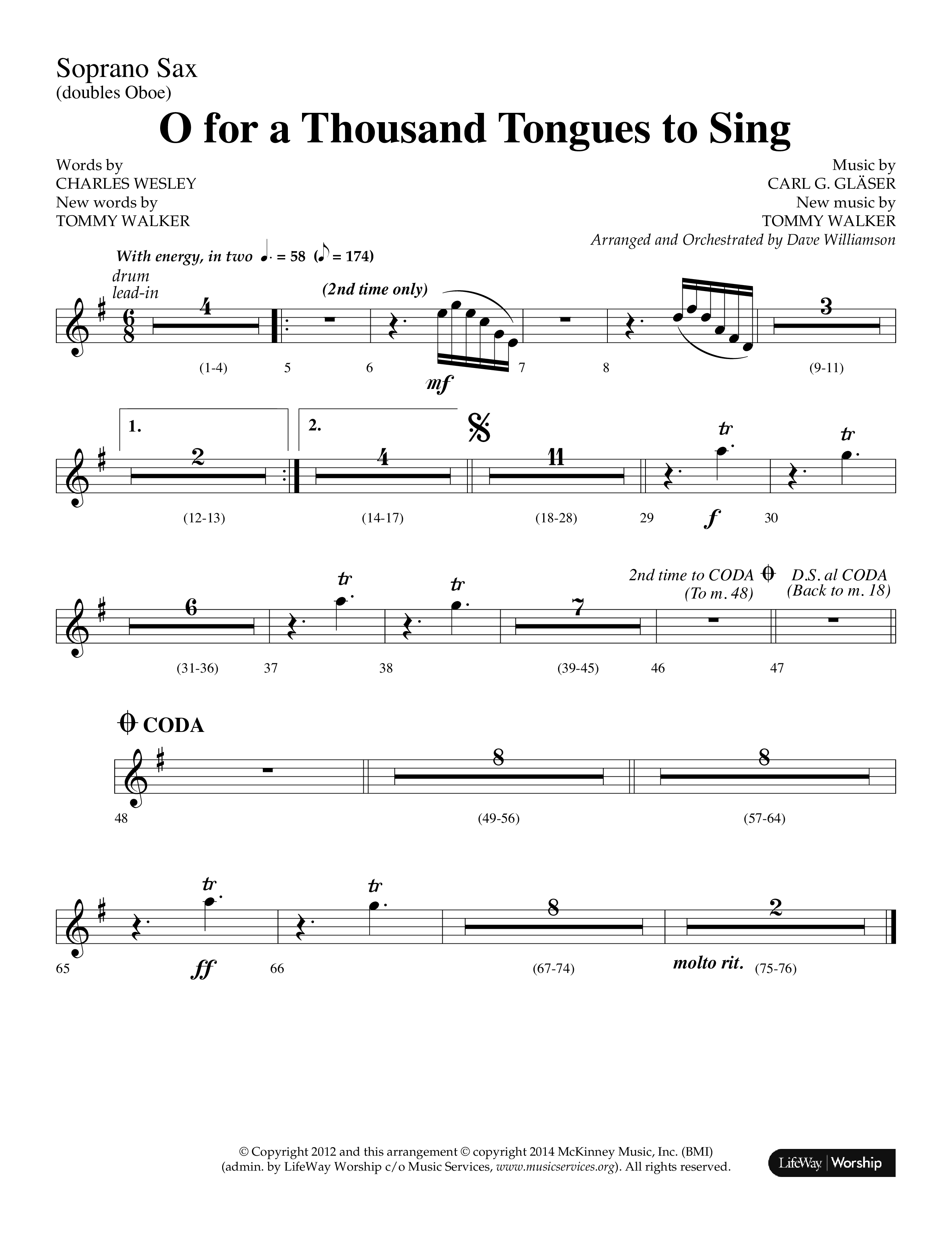 O For A Thousand Tongues (Choral Anthem SATB) Soprano Sax (Lifeway Choral / Arr. Dave Williamson)