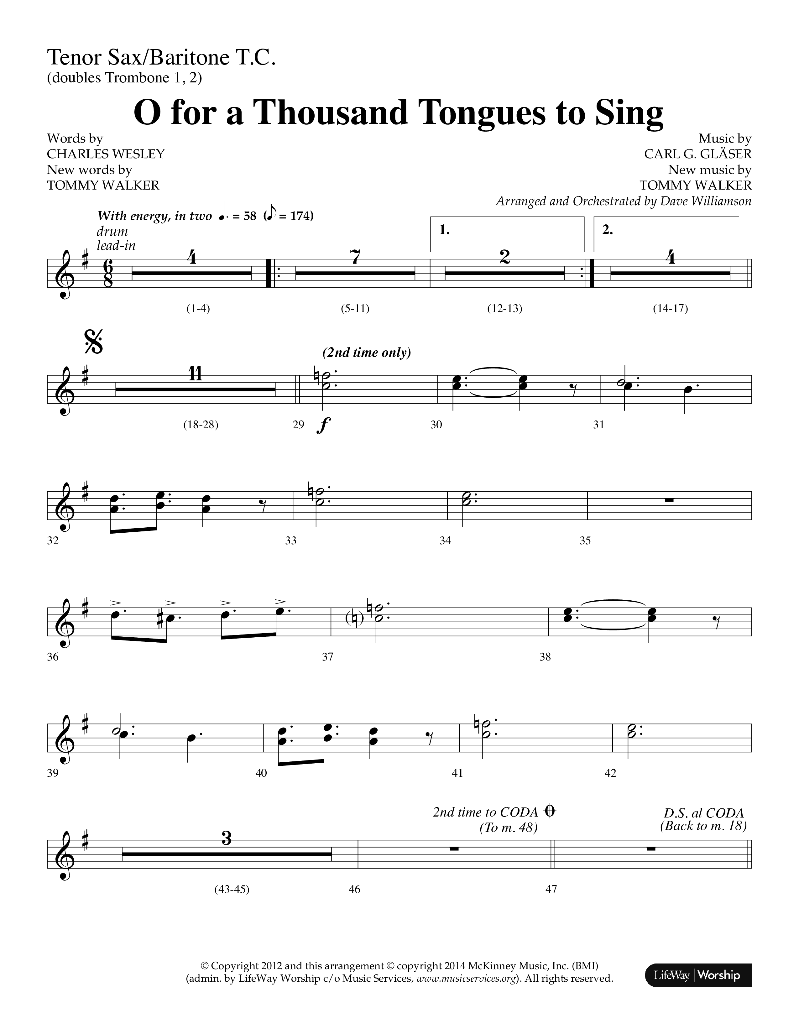 O For A Thousand Tongues (Choral Anthem SATB) Tenor Sax/Baritone T.C. (Lifeway Choral / Arr. Dave Williamson)