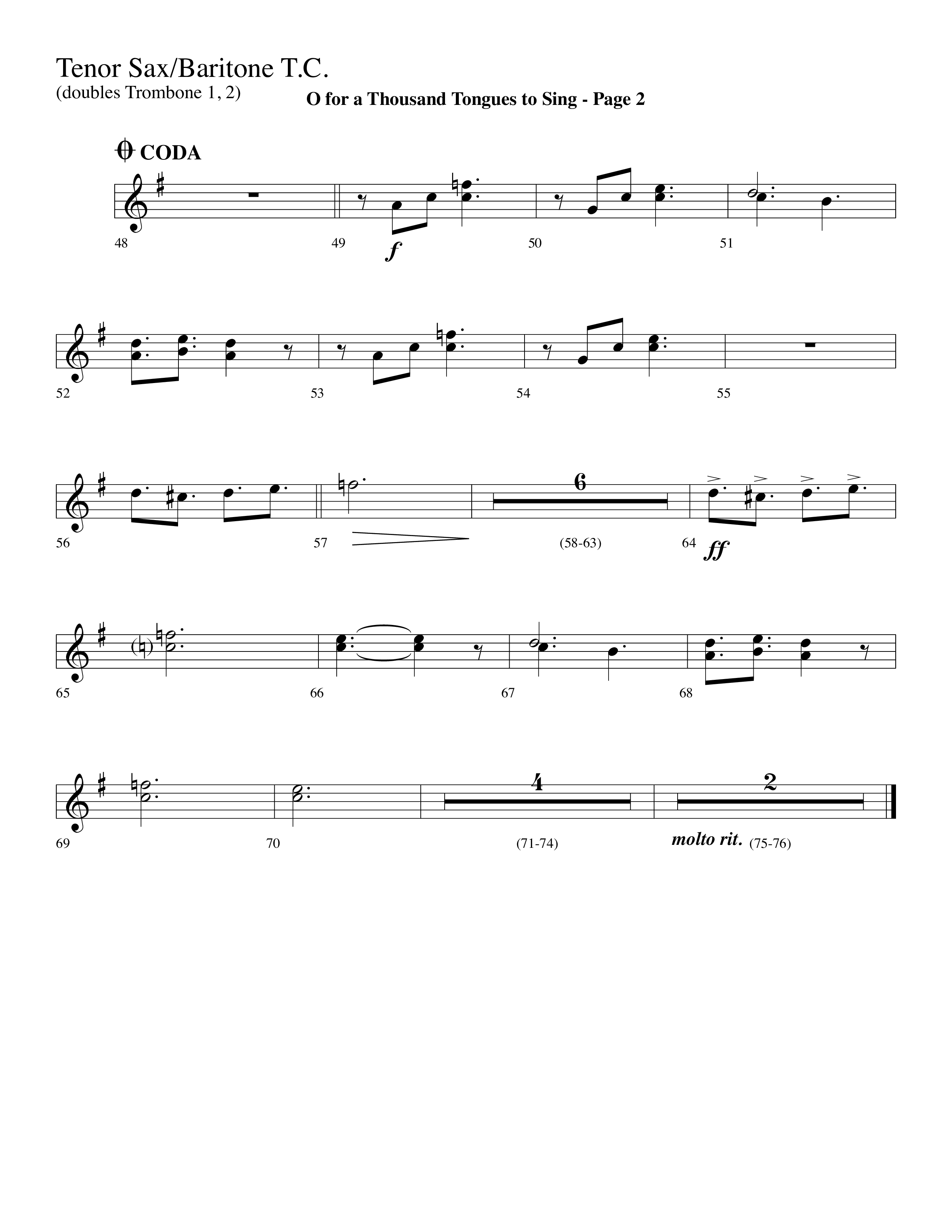 O For A Thousand Tongues (Choral Anthem SATB) Tenor Sax/Baritone T.C. (Lifeway Choral / Arr. Dave Williamson)