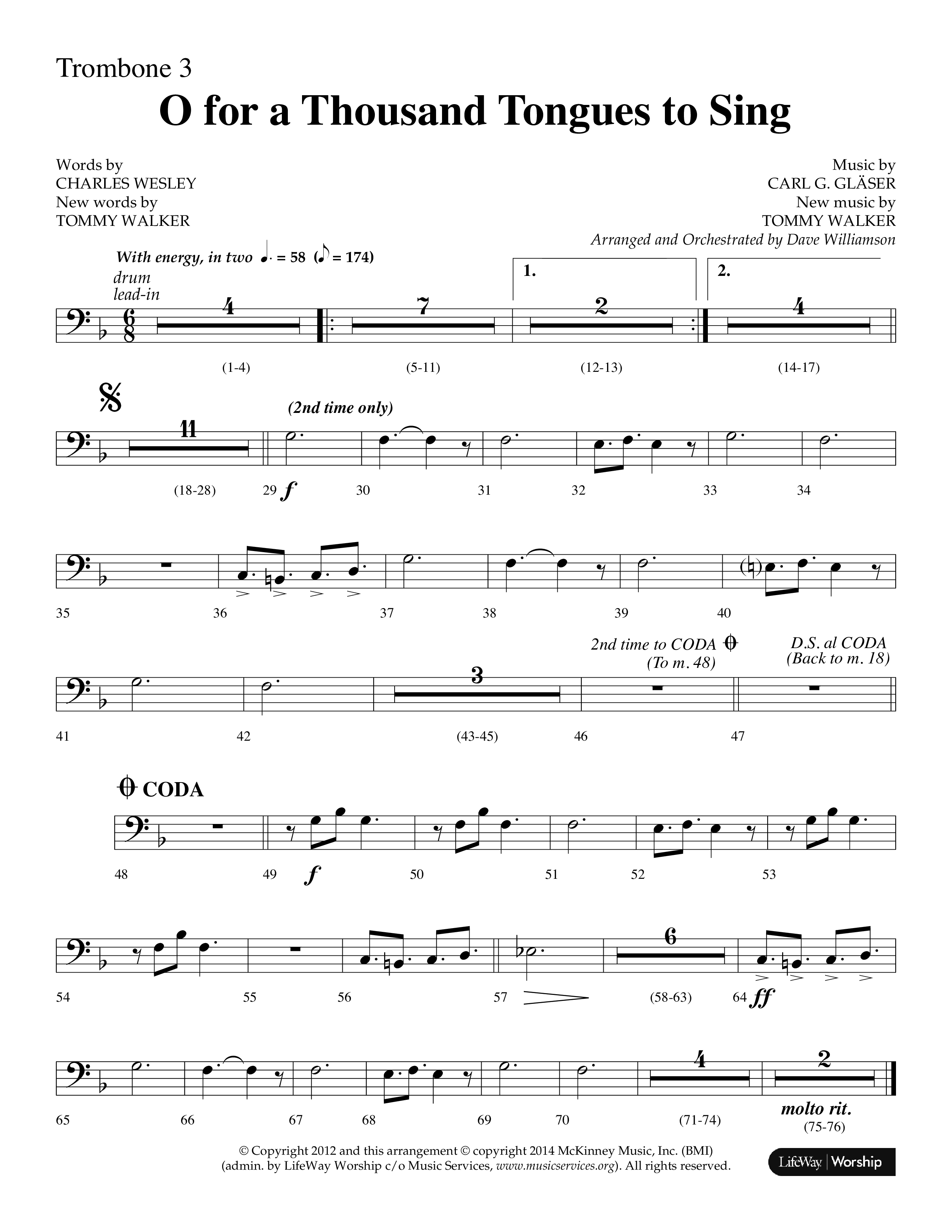 O For A Thousand Tongues (Choral Anthem SATB) Trombone 3 (Lifeway Choral / Arr. Dave Williamson)
