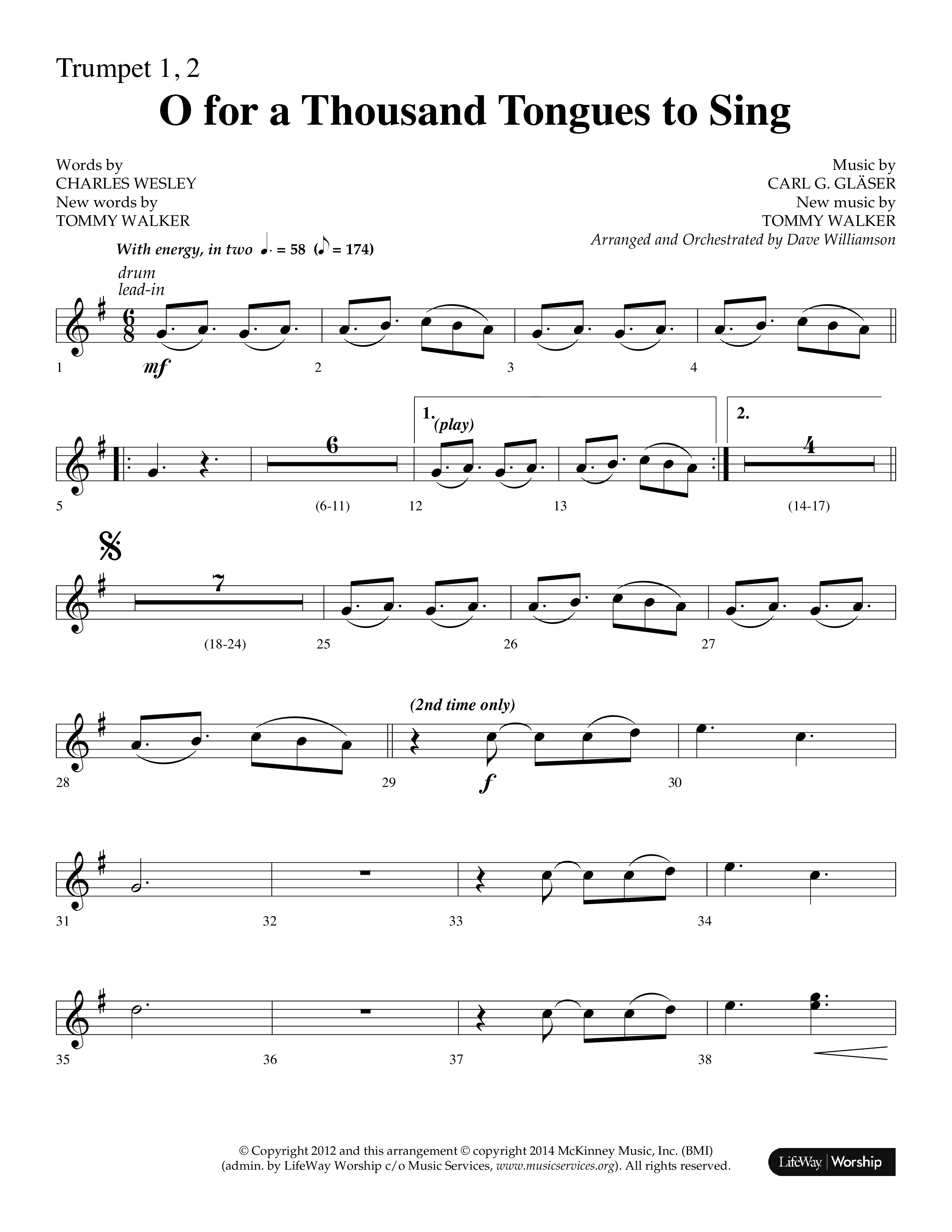 O For A Thousand Tongues (Choral Anthem SATB) Trumpet 1,2 (Lifeway Choral / Arr. Dave Williamson)