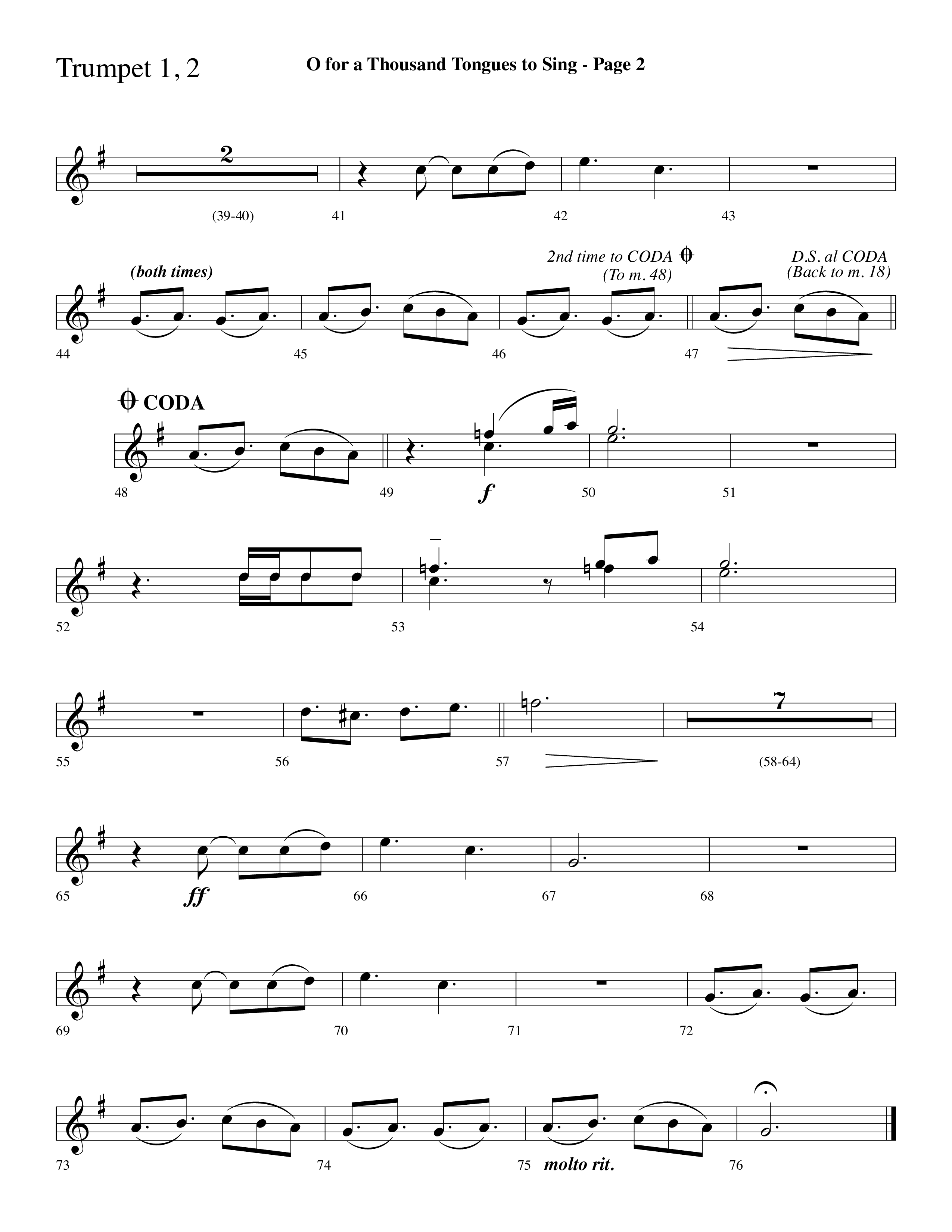 O For A Thousand Tongues (Choral Anthem SATB) Trumpet 1,2 (Lifeway Choral / Arr. Dave Williamson)