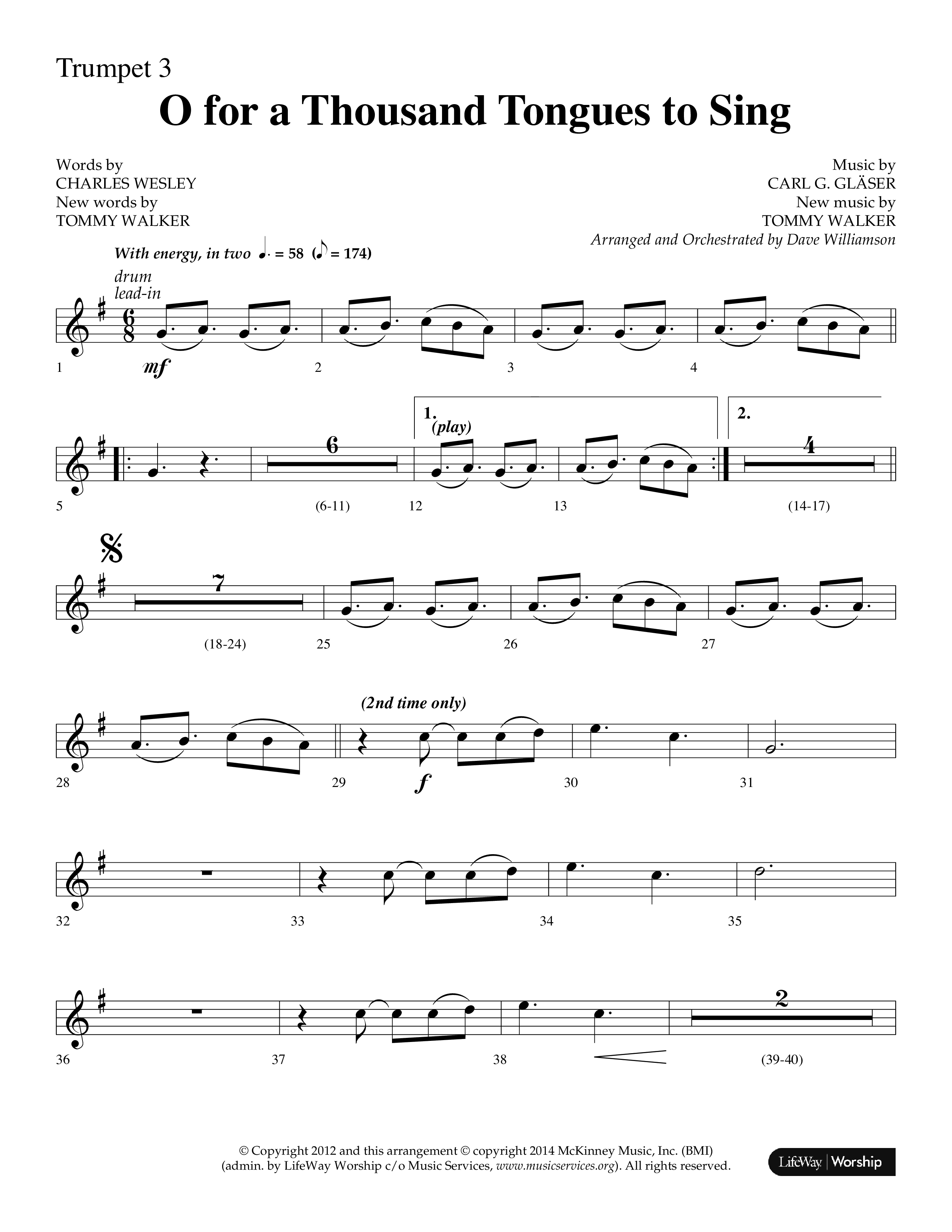 O For A Thousand Tongues (Choral Anthem SATB) Trumpet 3 (Lifeway Choral / Arr. Dave Williamson)