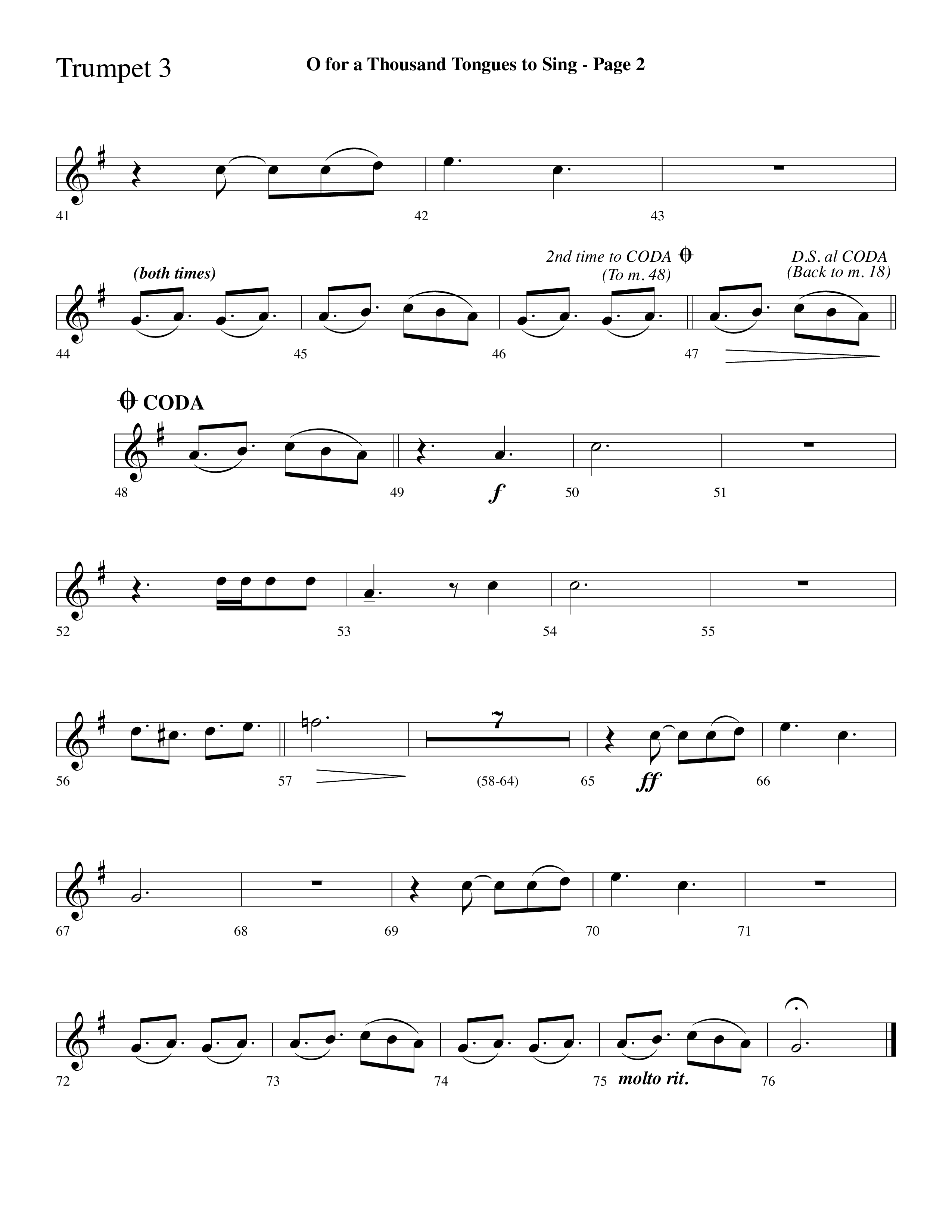 O For A Thousand Tongues (Choral Anthem SATB) Trumpet 3 (Lifeway Choral / Arr. Dave Williamson)