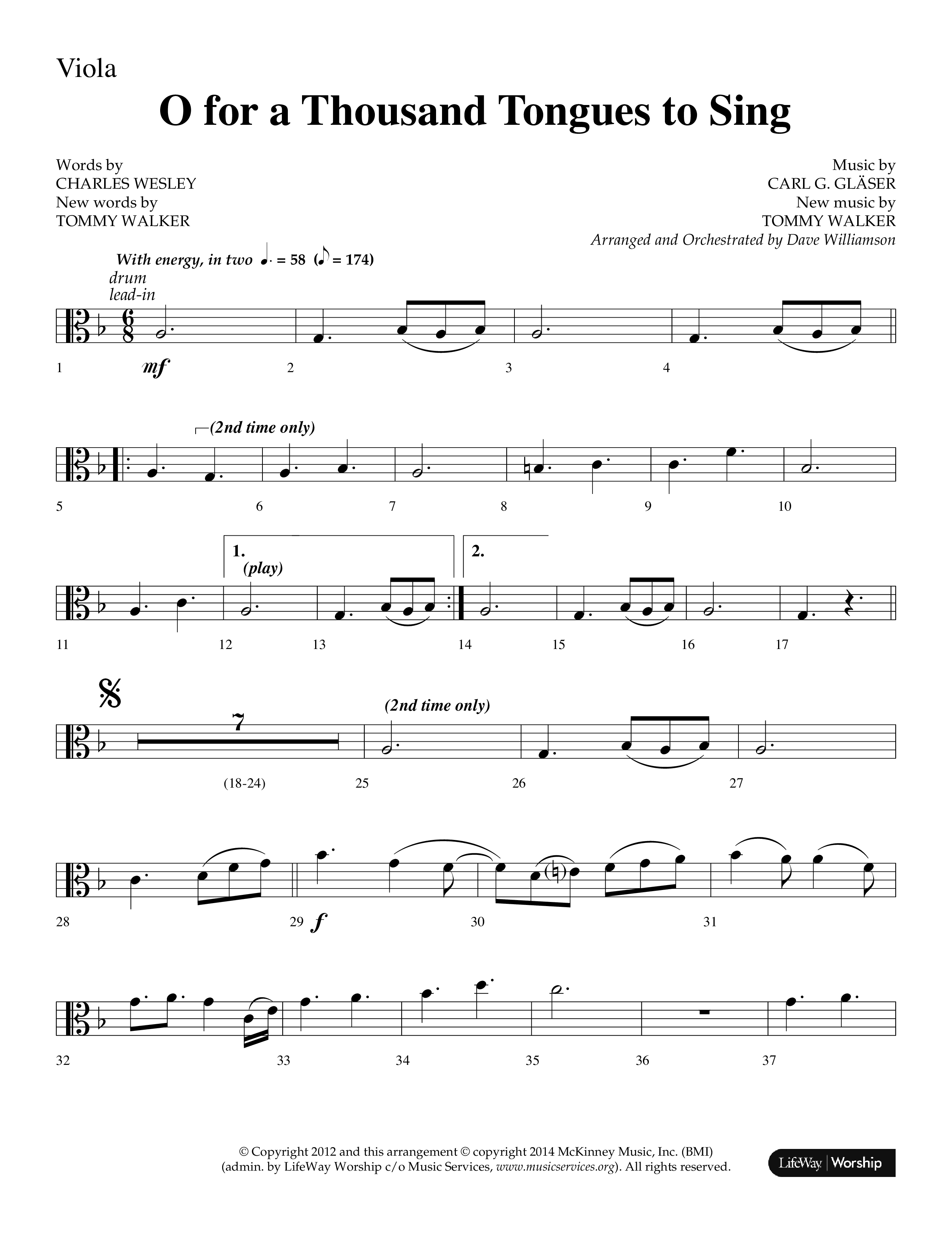 O For A Thousand Tongues (Choral Anthem SATB) Viola (Lifeway Choral / Arr. Dave Williamson)