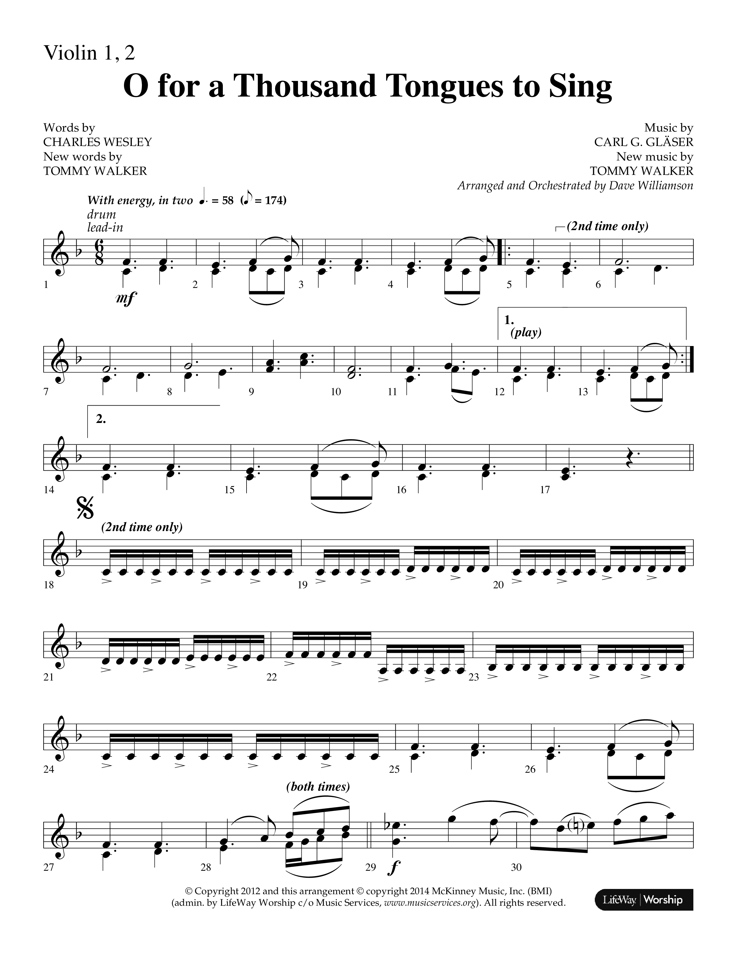 O For A Thousand Tongues (Choral Anthem SATB) Violin 1/2 (Lifeway Choral / Arr. Dave Williamson)
