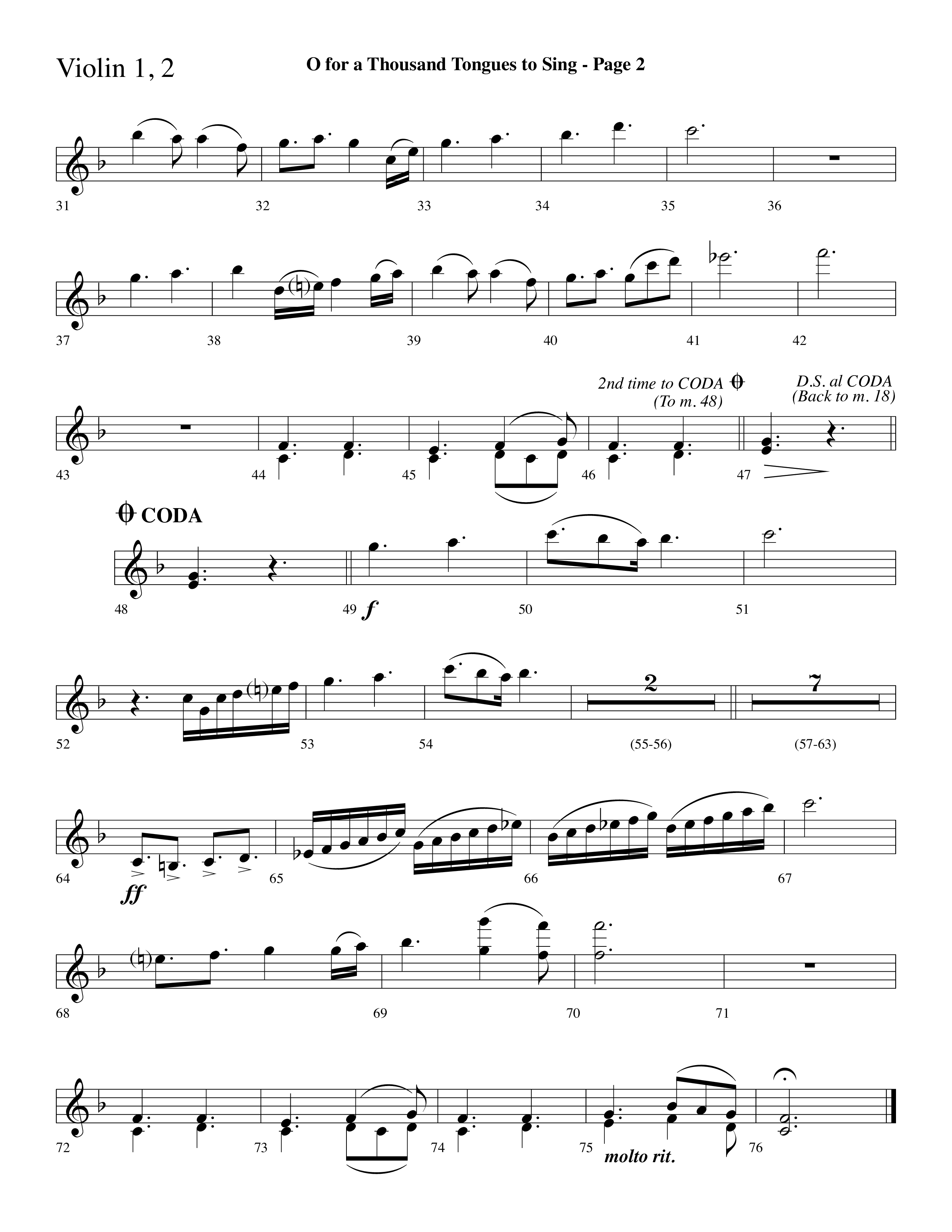 O For A Thousand Tongues (Choral Anthem SATB) Violin 1/2 (Lifeway Choral / Arr. Dave Williamson)