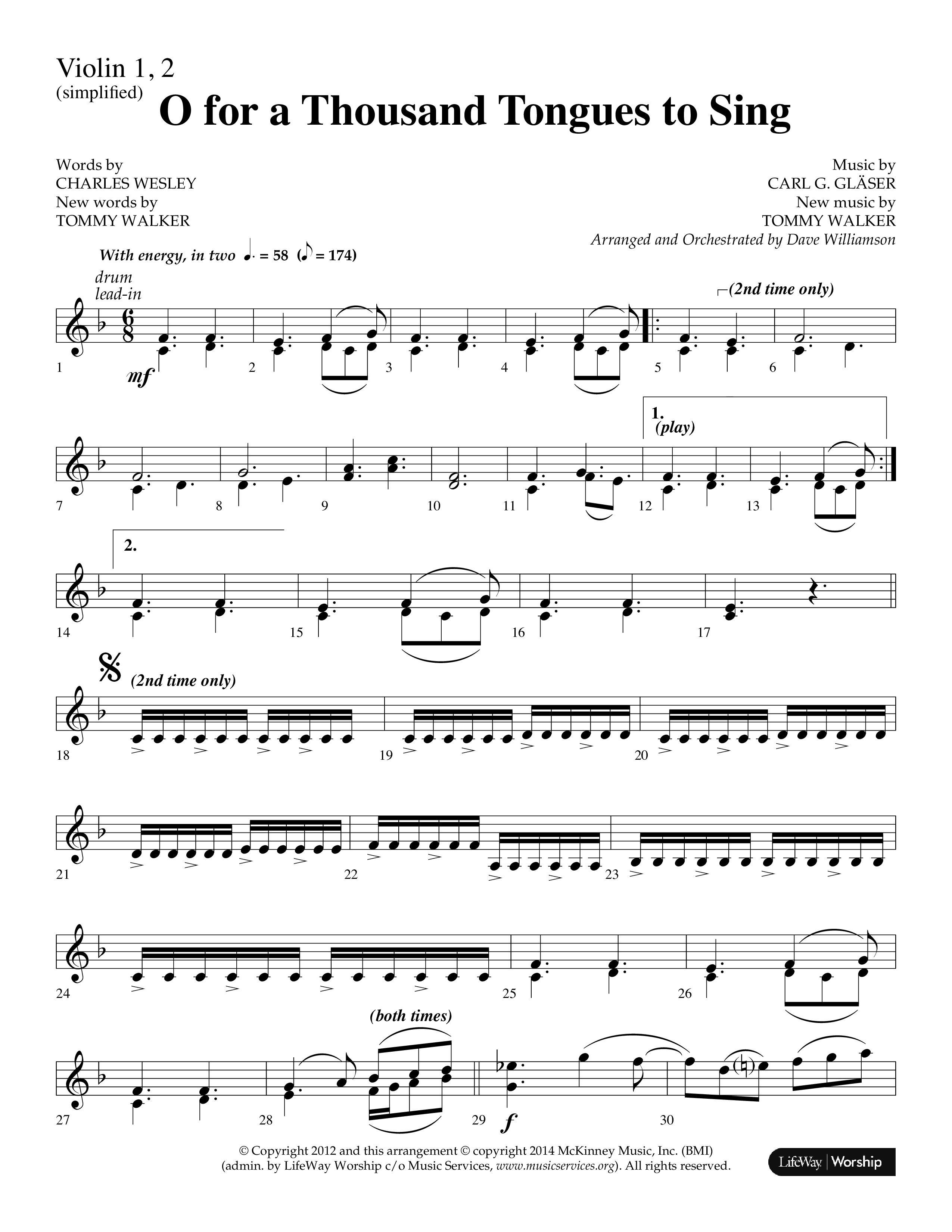 O For A Thousand Tongues (Choral Anthem SATB) Violin 1/2 (Lifeway Choral / Arr. Dave Williamson)