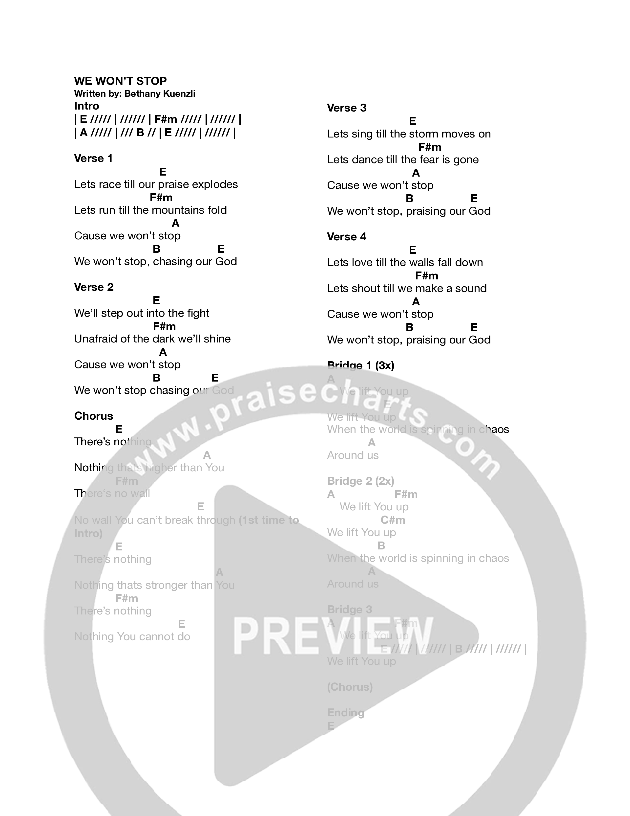 We Won't Stop (Live) Chord Chart (Providence Worship)