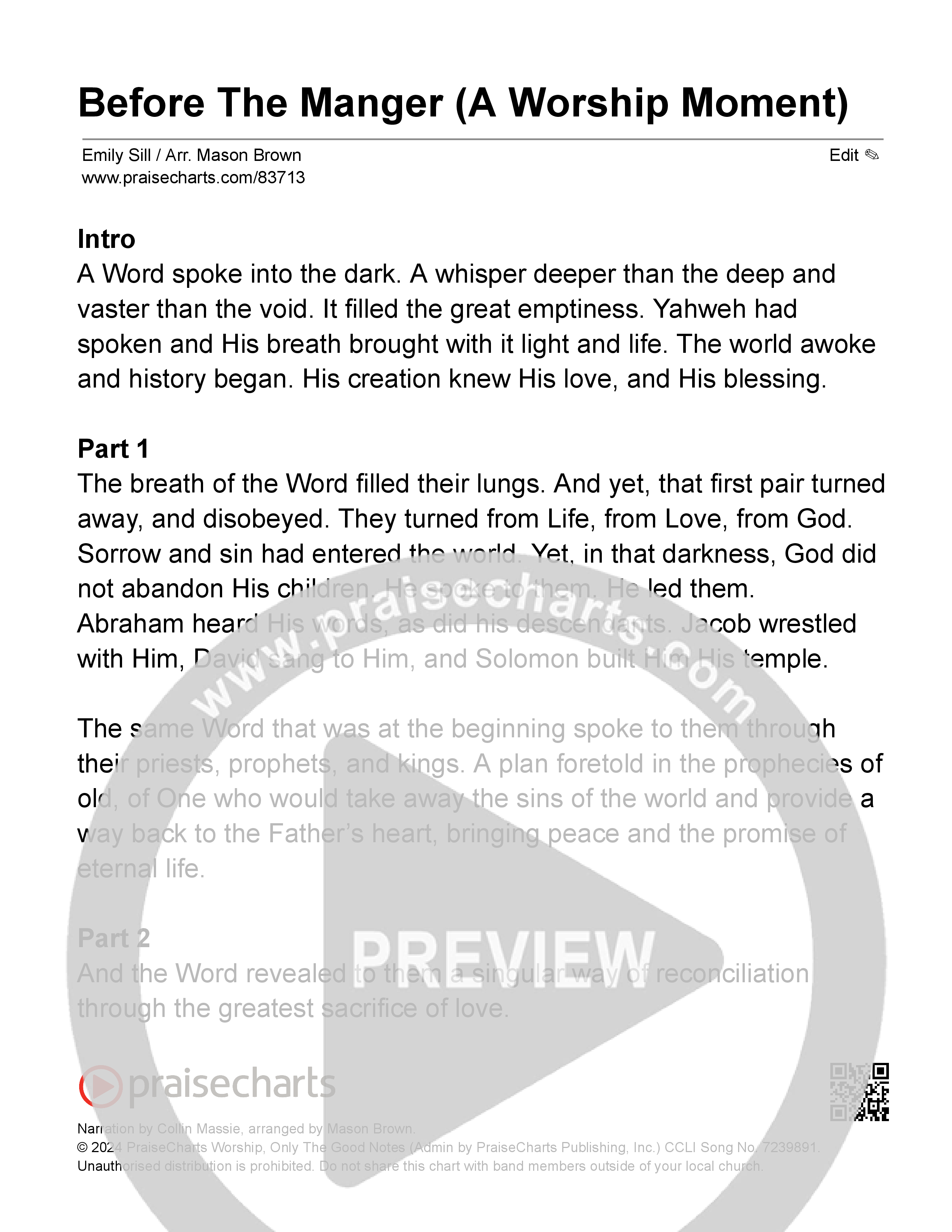 Before The Manger (A Worship Moment) (Choral/SATB) Reading (Emily Sill / Arr. Mason Brown)