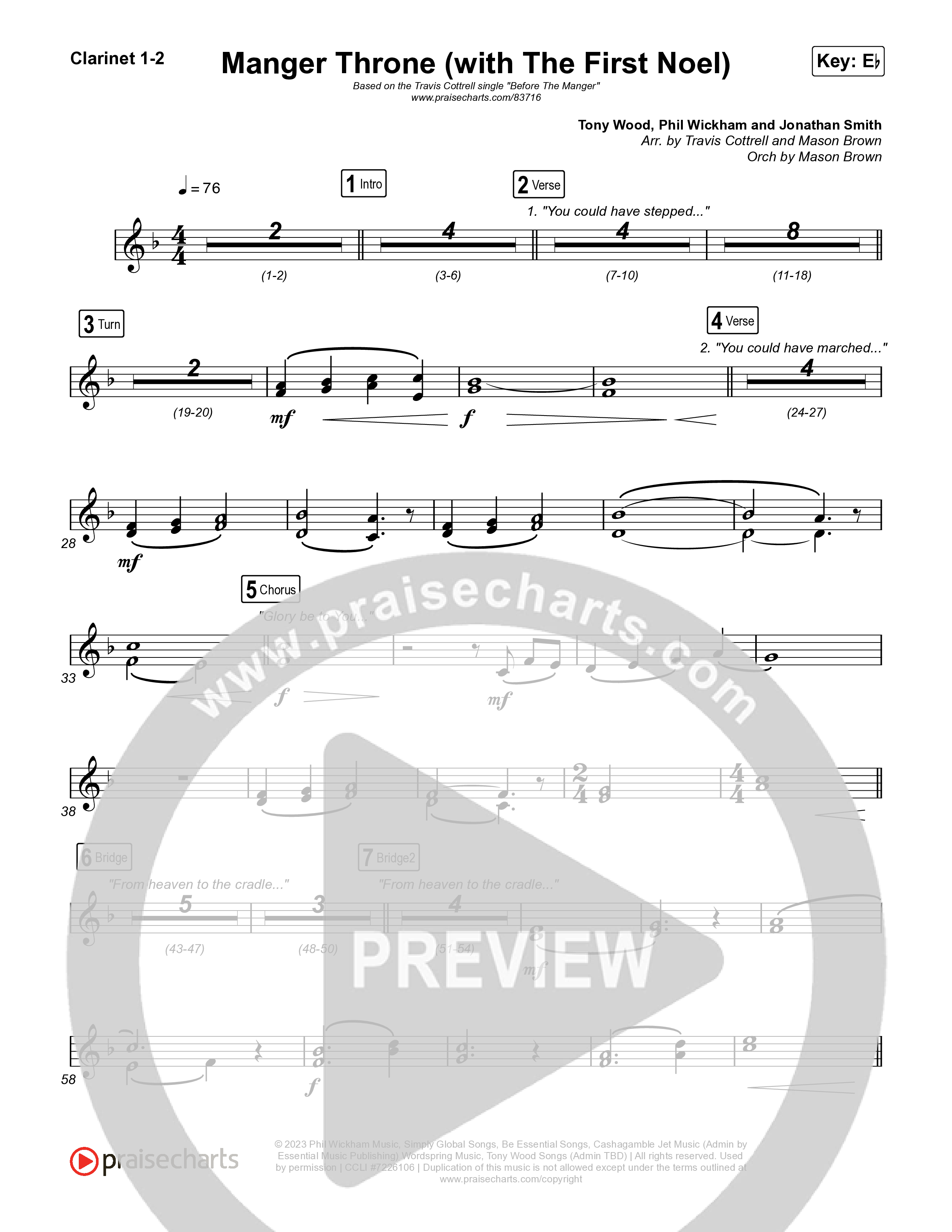 Manger Throne (with The First Noel) (Choral/SATB) Clarinet 1,2 (Travis Cottrell / Arr. Mason Brown)