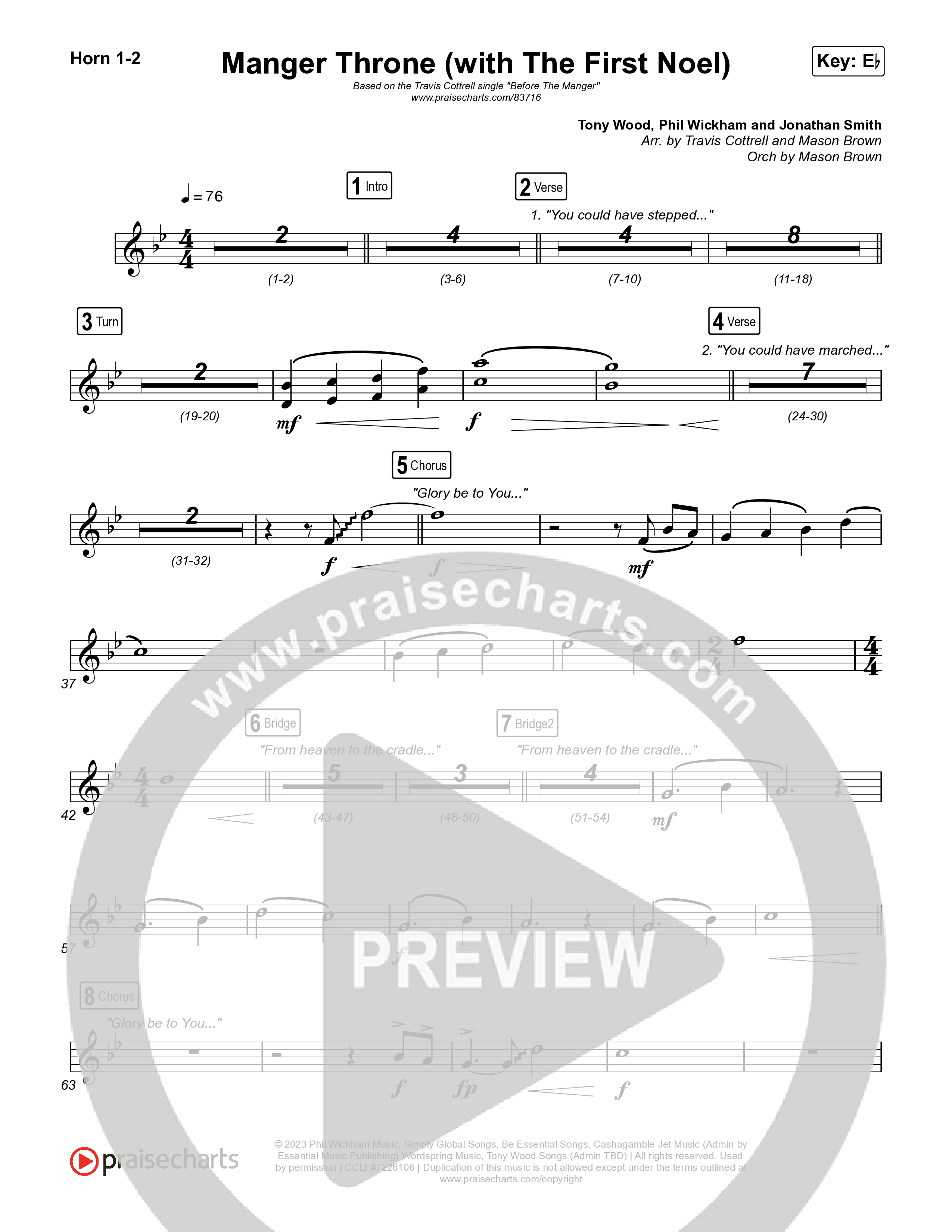 Manger Throne (with The First Noel) (Choral/SATB) French Horn 1,2 (Travis Cottrell / Arr. Mason Brown)