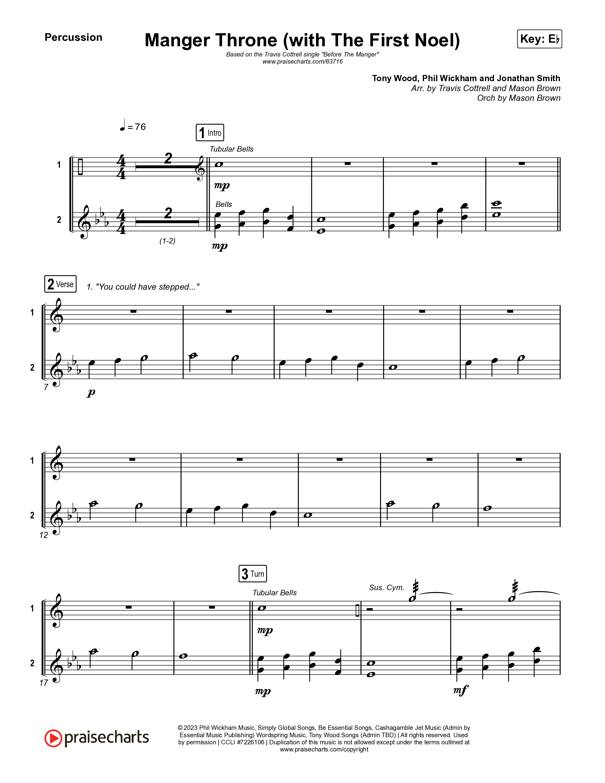 Manger Throne (with The First Noel) (Choral/SATB) Percussion (Travis Cottrell / Arr. Mason Brown)