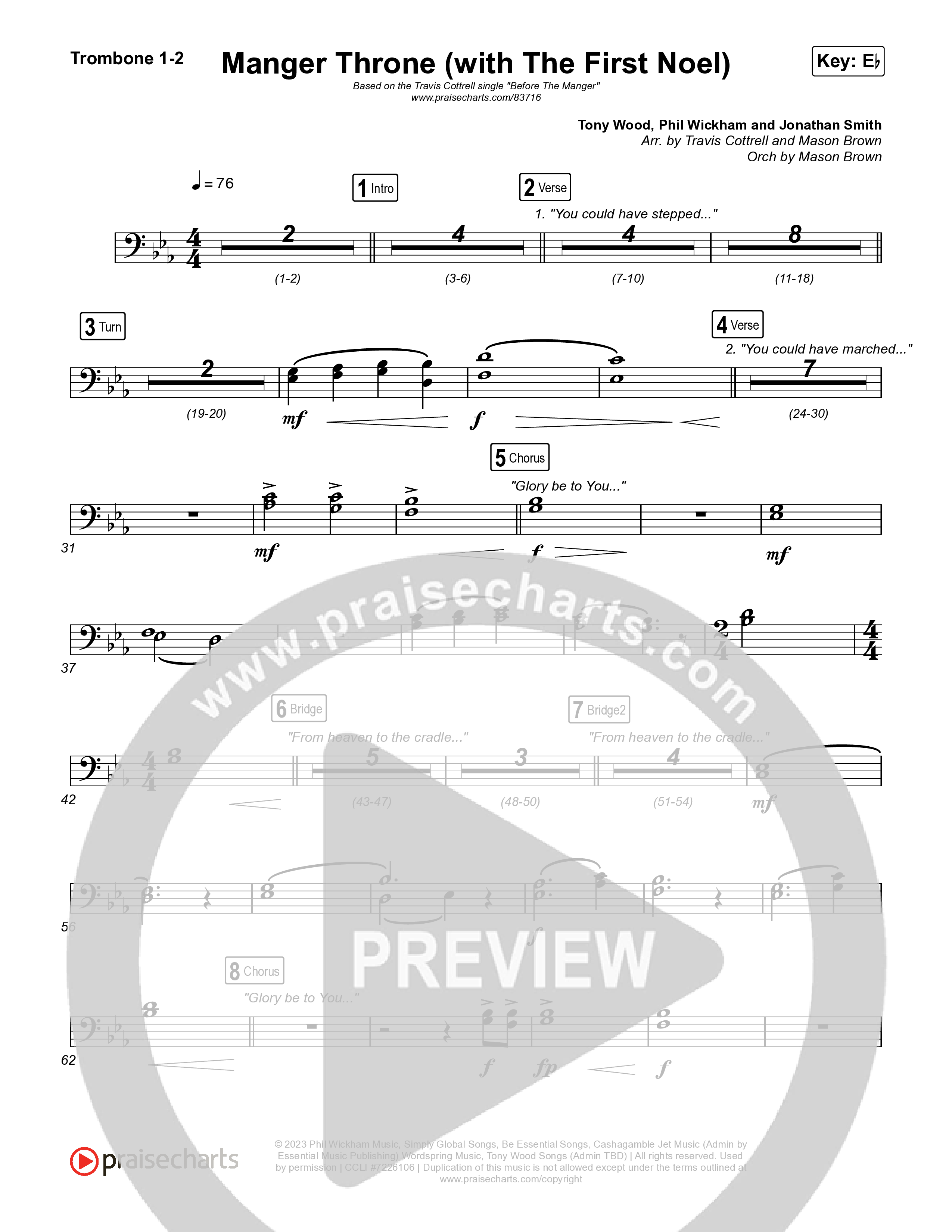Manger Throne (with The First Noel) (Choral/SATB) Trombone 1,2 (Travis Cottrell / Arr. Mason Brown)