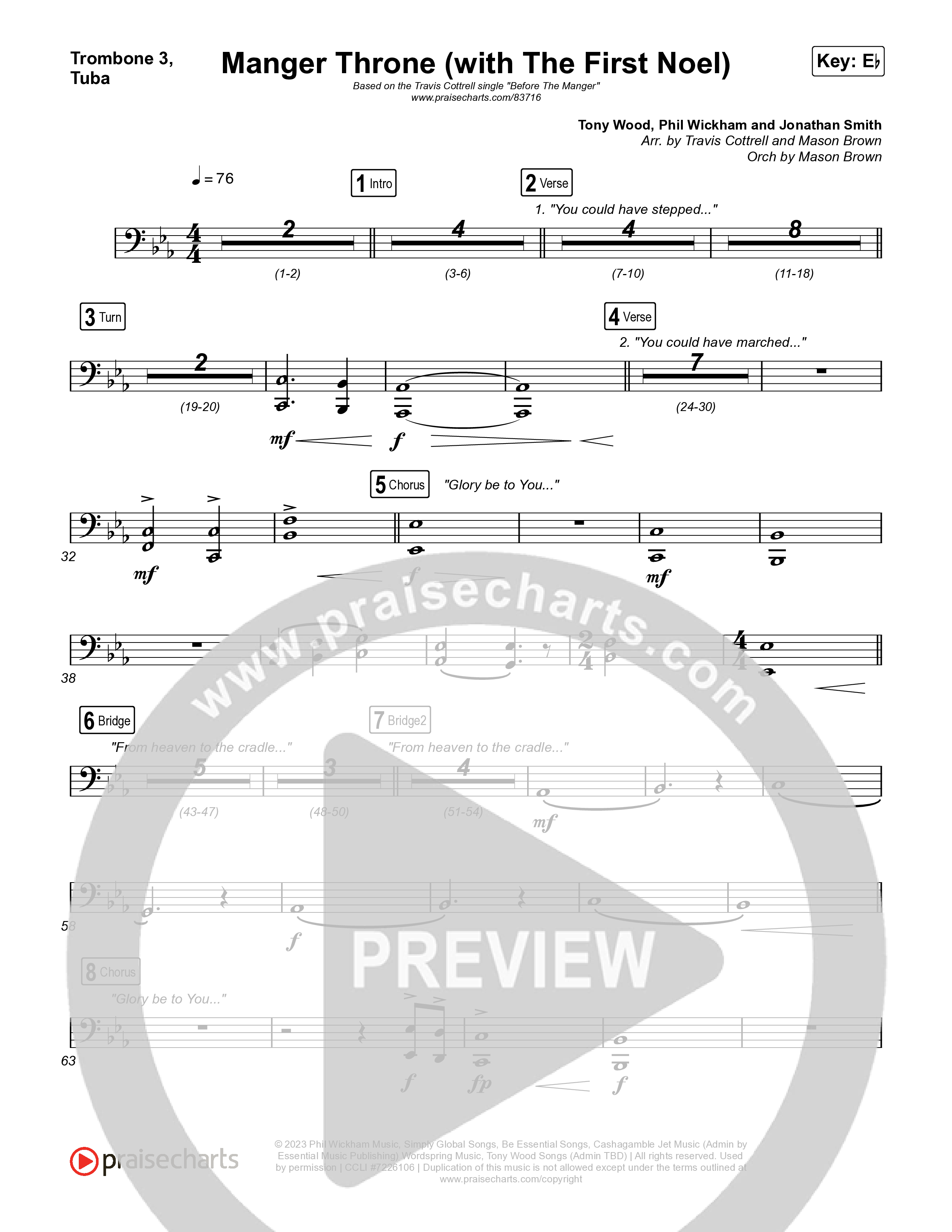 Manger Throne (with The First Noel) (Choral/SATB) Trombone 1,2 (Travis Cottrell / Arr. Mason Brown)