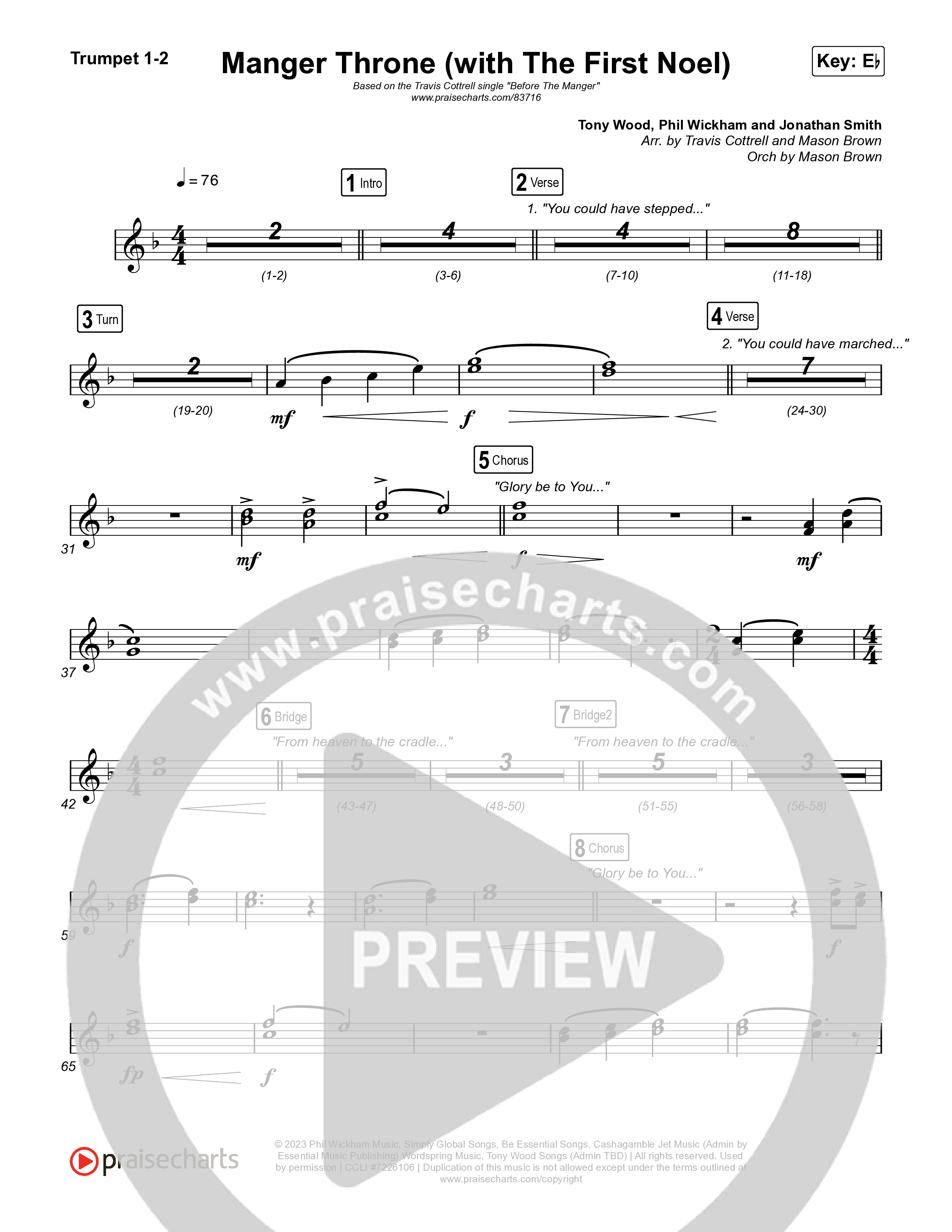 Manger Throne (with The First Noel) (Choral/SATB) Trumpet 1,2 (Travis Cottrell / Arr. Mason Brown)