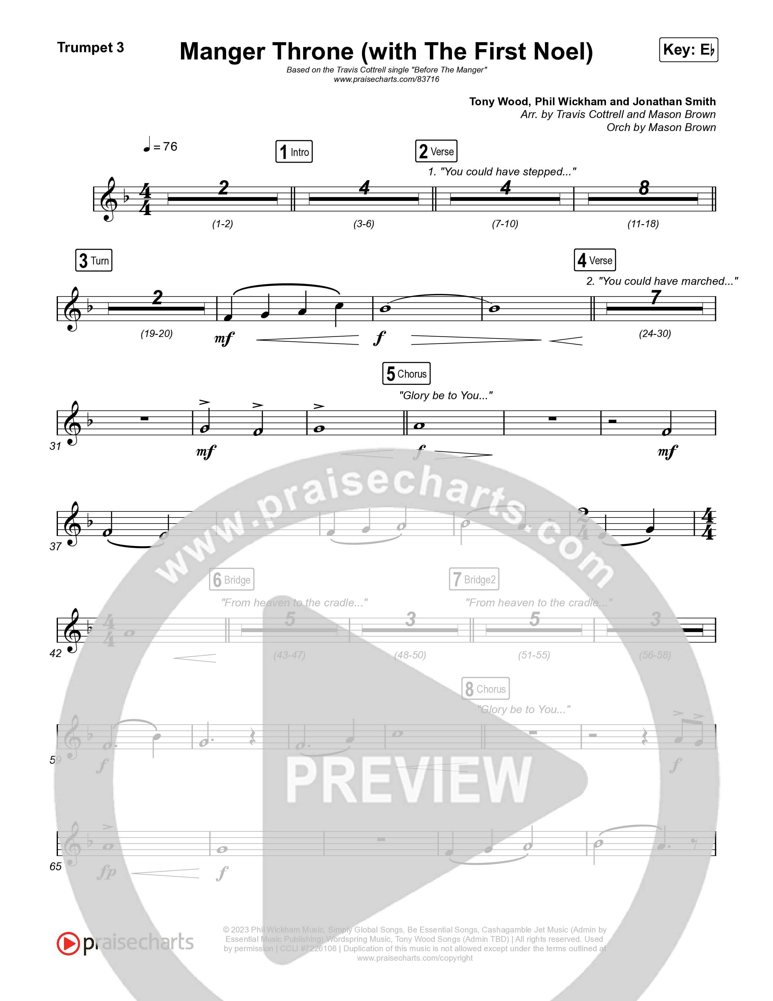 Manger Throne (with The First Noel) (Choral/SATB) Trumpet 3 (Travis Cottrell / Arr. Mason Brown)