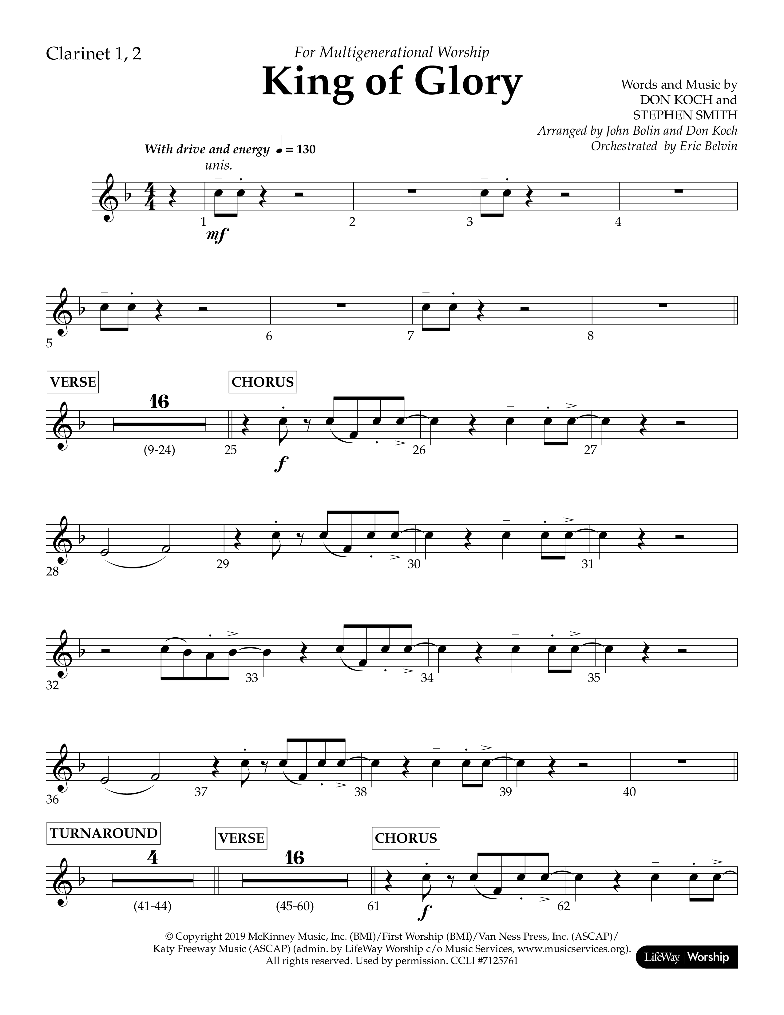 King of Glory (Choral Anthem SATB) Clarinet 1/2 (Lifeway Choral / Arr. John Bolin / Arr. Don Koch / Orch. Eric Belvin)