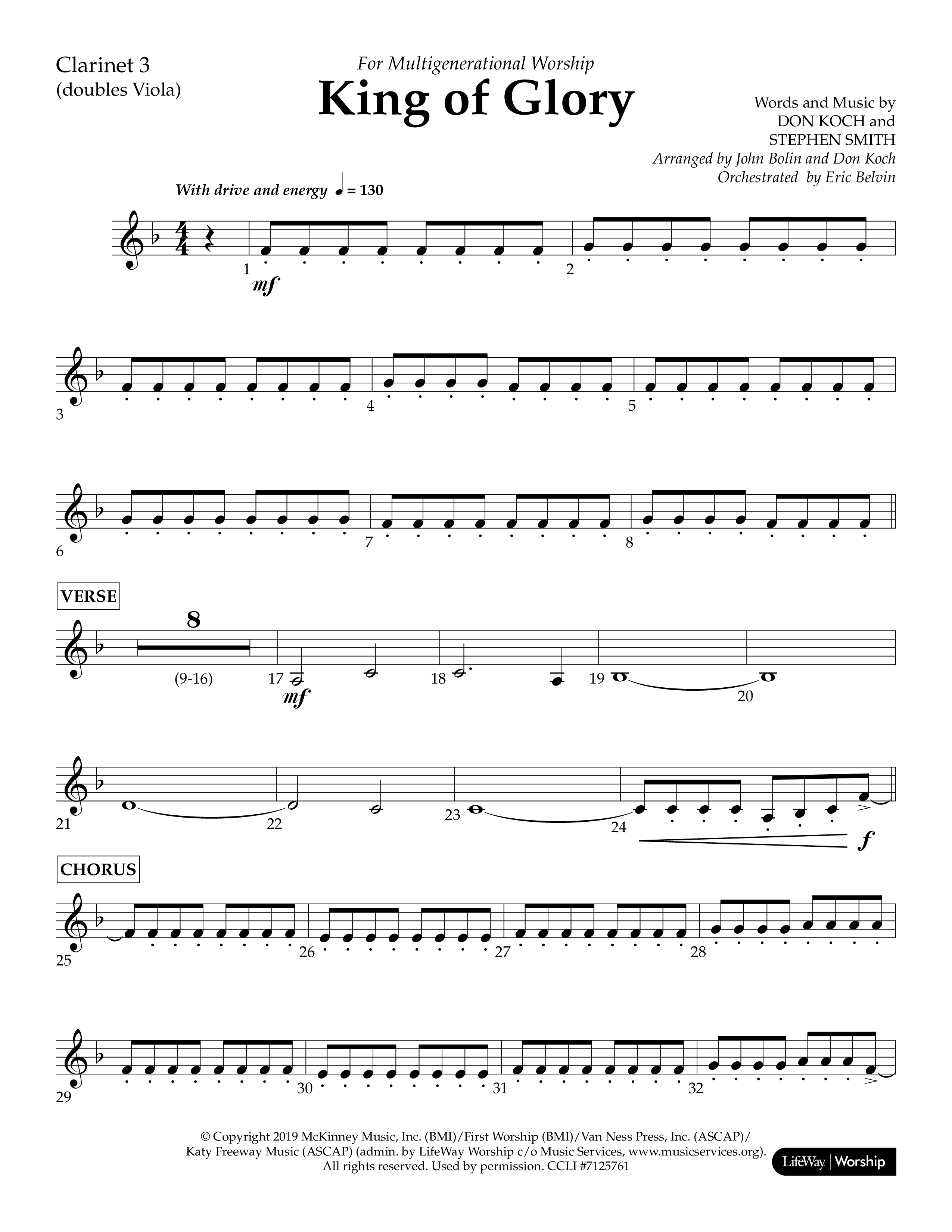 King of Glory (Choral Anthem SATB) Clarinet 3 (Lifeway Choral / Arr. John Bolin / Arr. Don Koch / Orch. Eric Belvin)