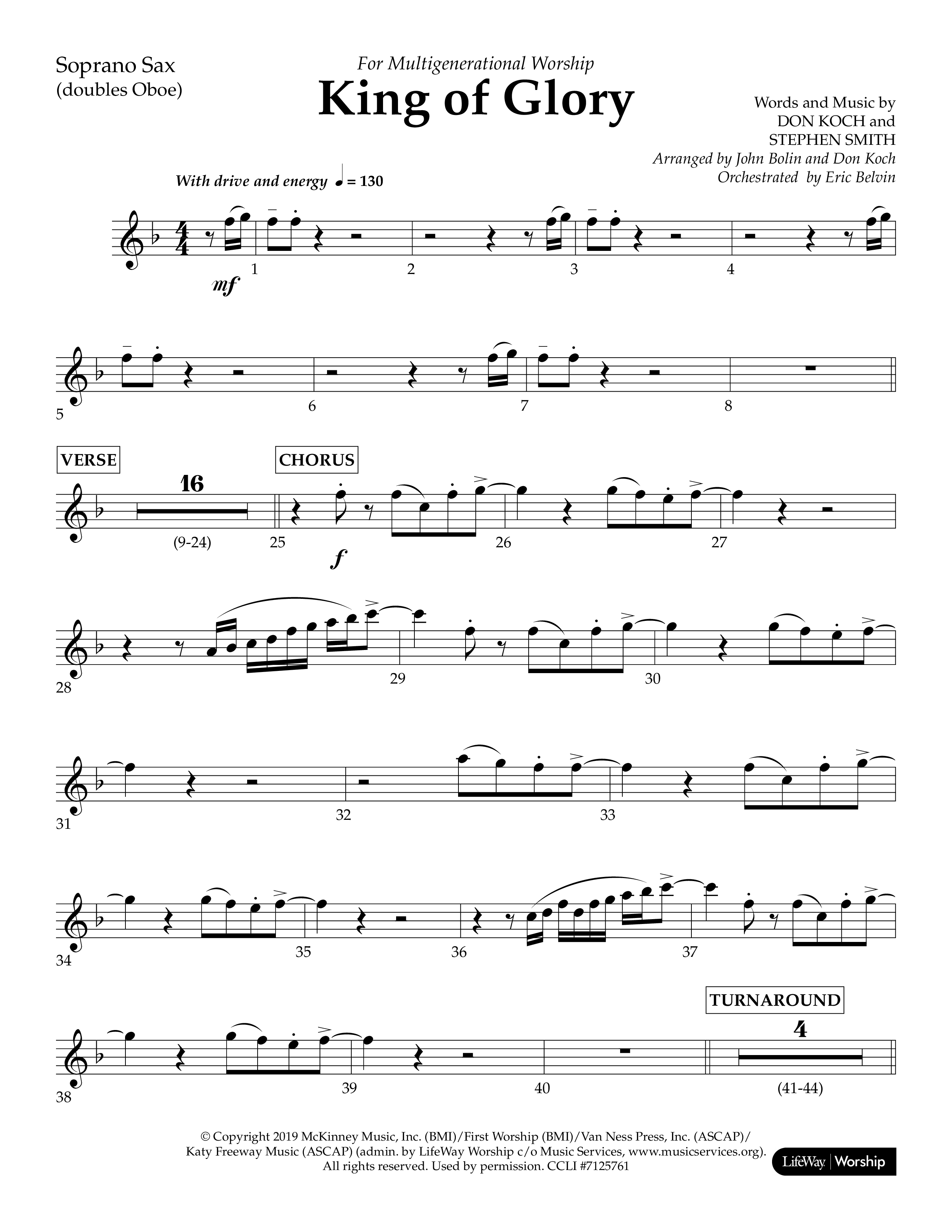 King of Glory (Choral Anthem SATB) Soprano Sax (Lifeway Choral / Arr. John Bolin / Arr. Don Koch / Orch. Eric Belvin)