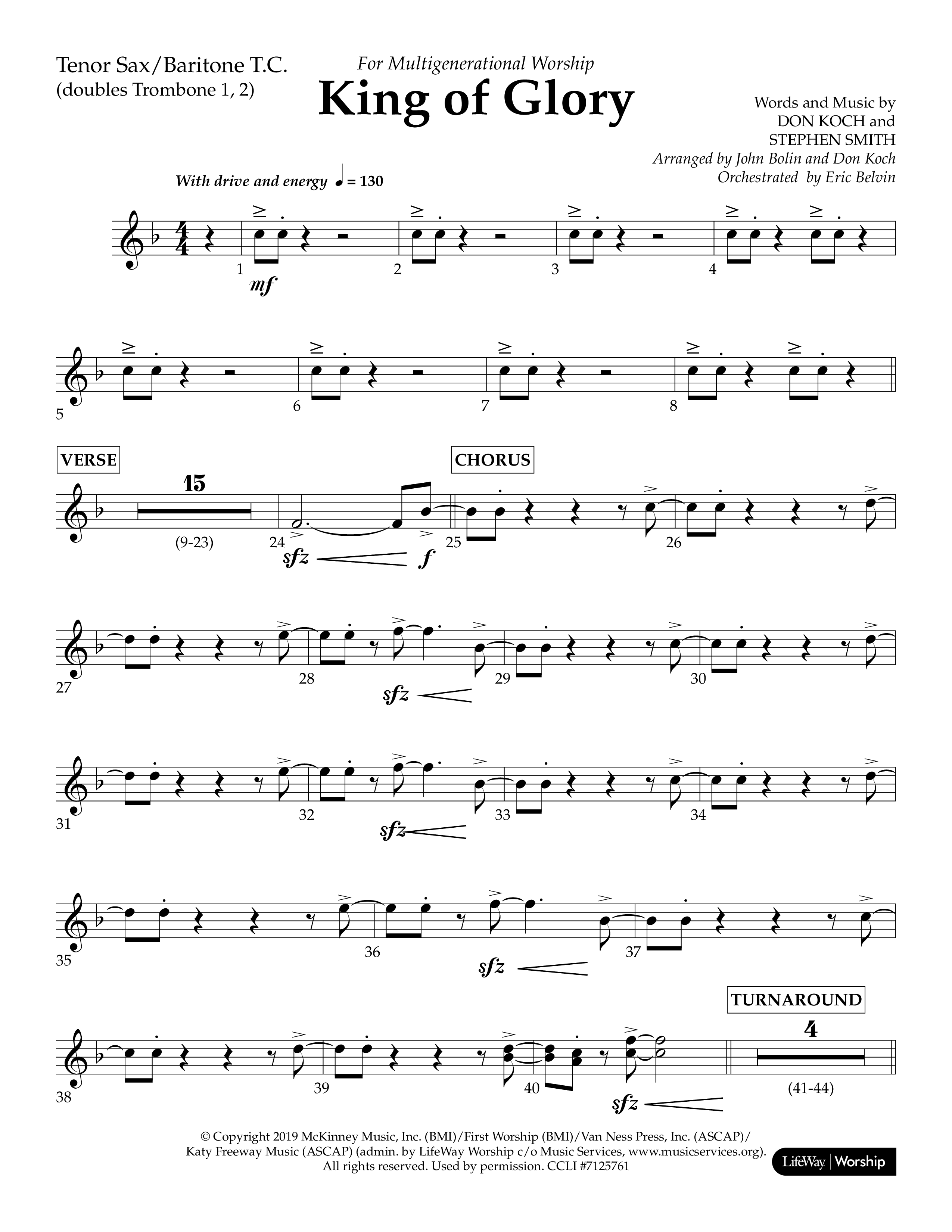 King of Glory (Choral Anthem SATB) Tenor Sax/Baritone T.C. (Lifeway Choral / Arr. John Bolin / Arr. Don Koch / Orch. Eric Belvin)