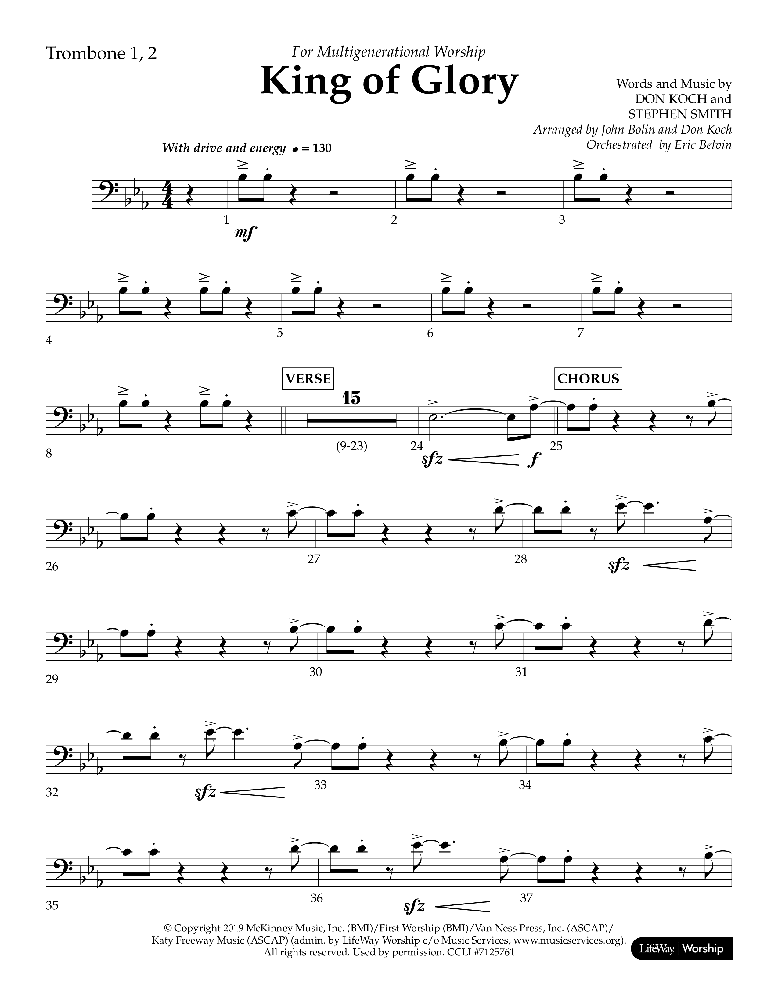 King of Glory (Choral Anthem SATB) Trombone 1/2 (Lifeway Choral / Arr. John Bolin / Arr. Don Koch / Orch. Eric Belvin)