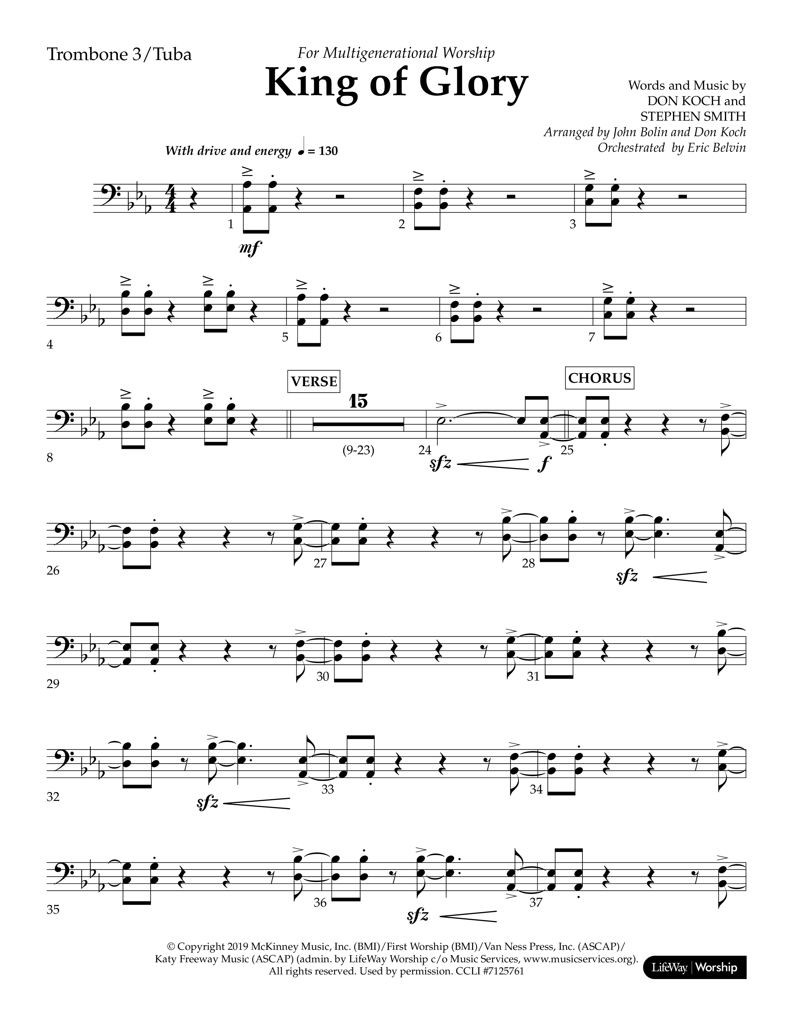 King of Glory (Choral Anthem SATB) Trombone 3/Tuba (Lifeway Choral / Arr. John Bolin / Arr. Don Koch / Orch. Eric Belvin)