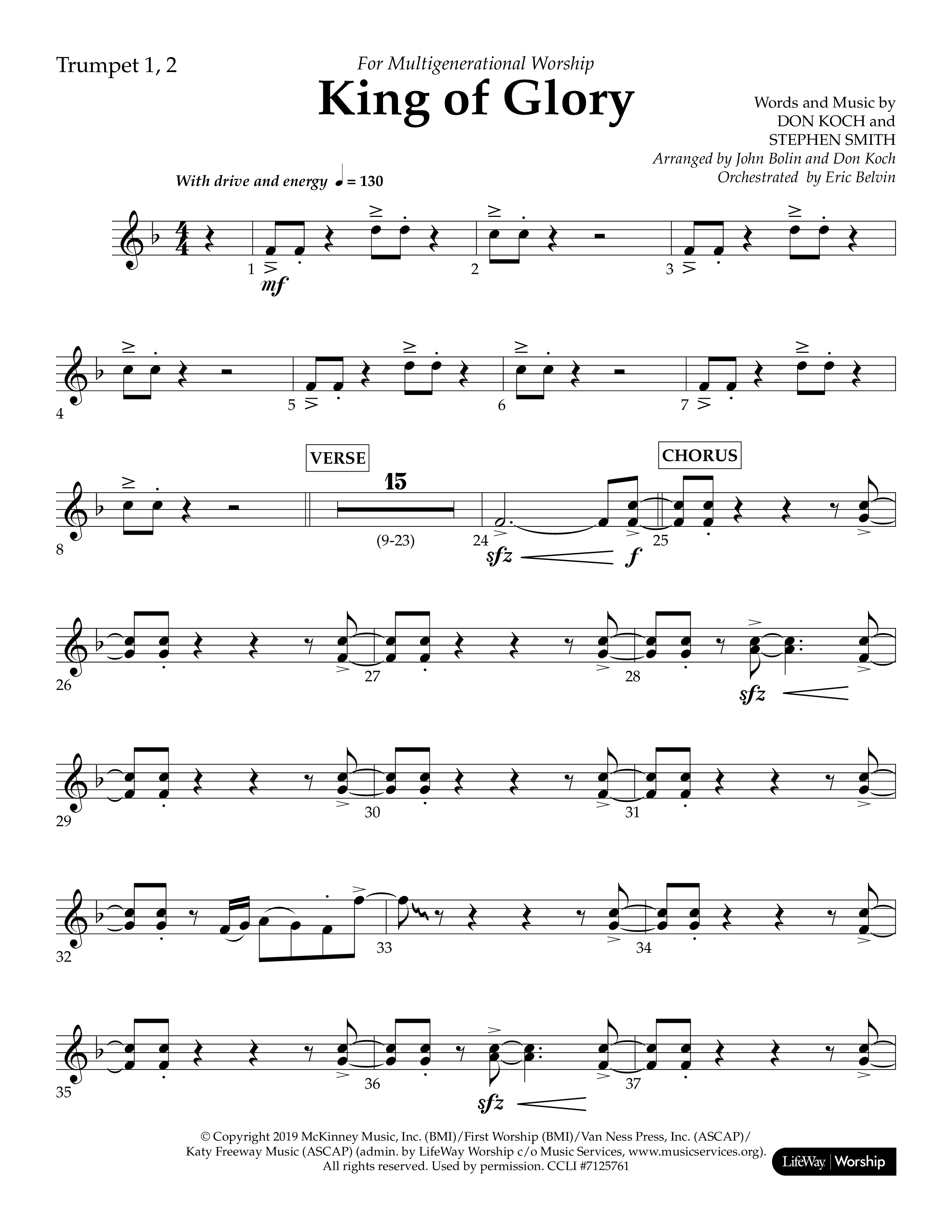 King of Glory (Choral Anthem SATB) Trumpet 1,2 (Lifeway Choral / Arr. John Bolin / Arr. Don Koch / Orch. Eric Belvin)