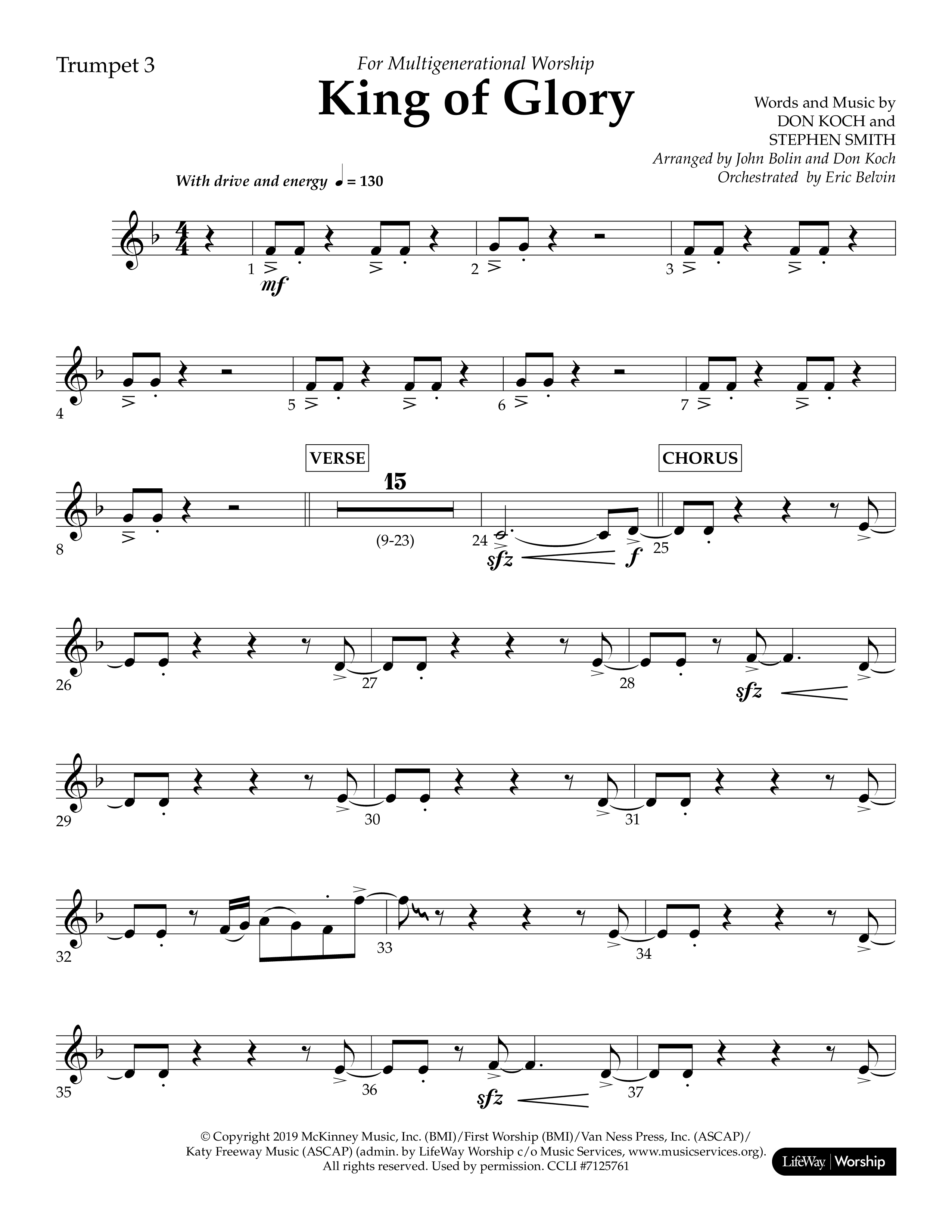 King of Glory (Choral Anthem SATB) Trumpet 3 (Lifeway Choral / Arr. John Bolin / Arr. Don Koch / Orch. Eric Belvin)