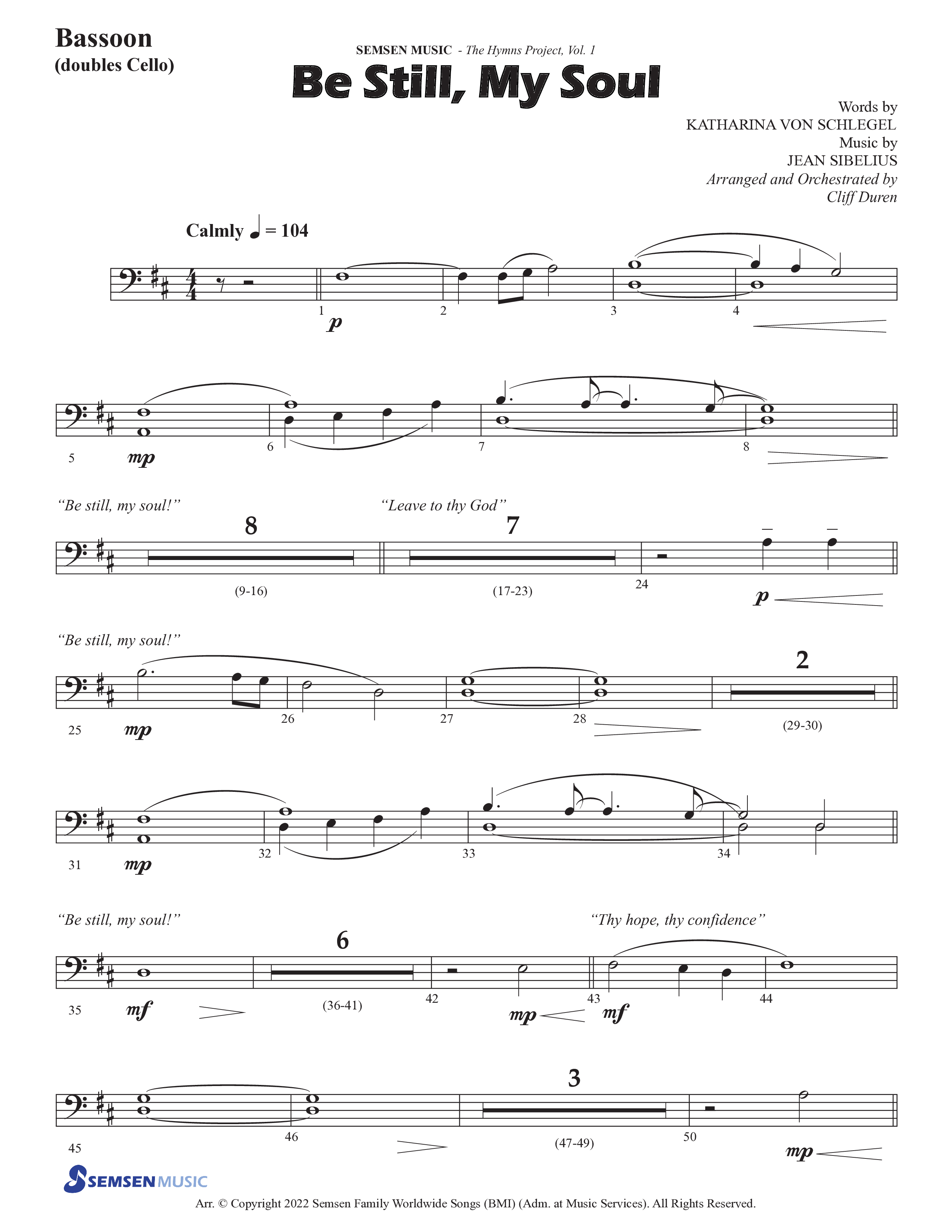 Be Still My Soul (Choral Anthem SATB) Bassoon (Semsen Music / Arr. Cliff Duren)