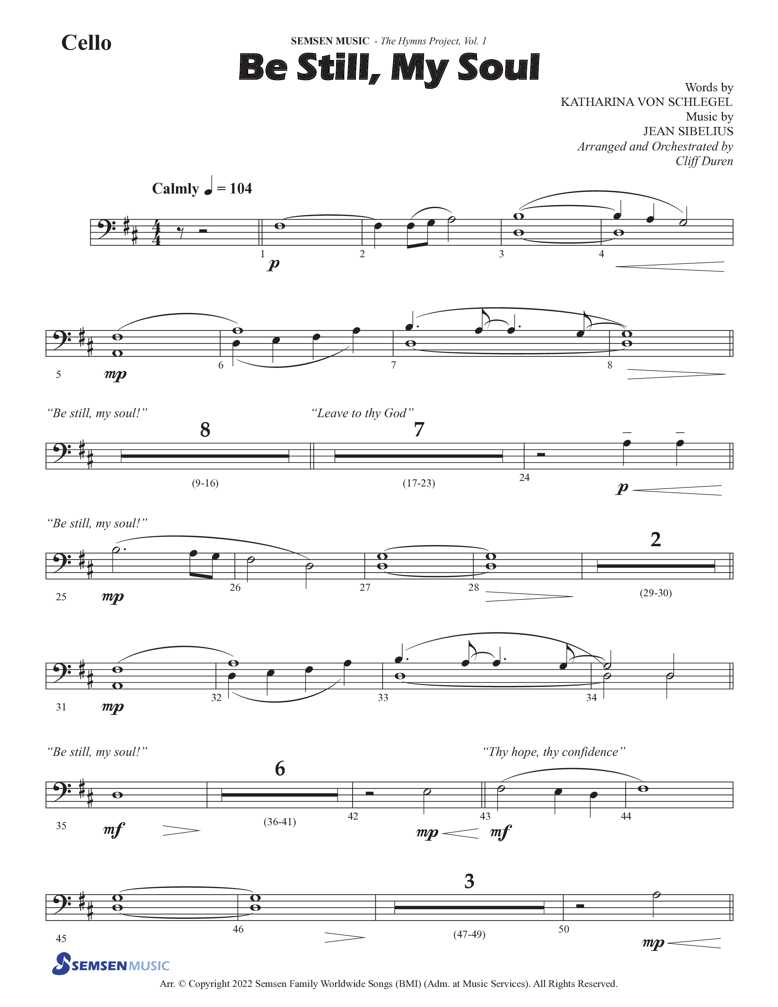 Be Still My Soul (Choral Anthem SATB) Cello (Semsen Music / Arr. Cliff Duren)