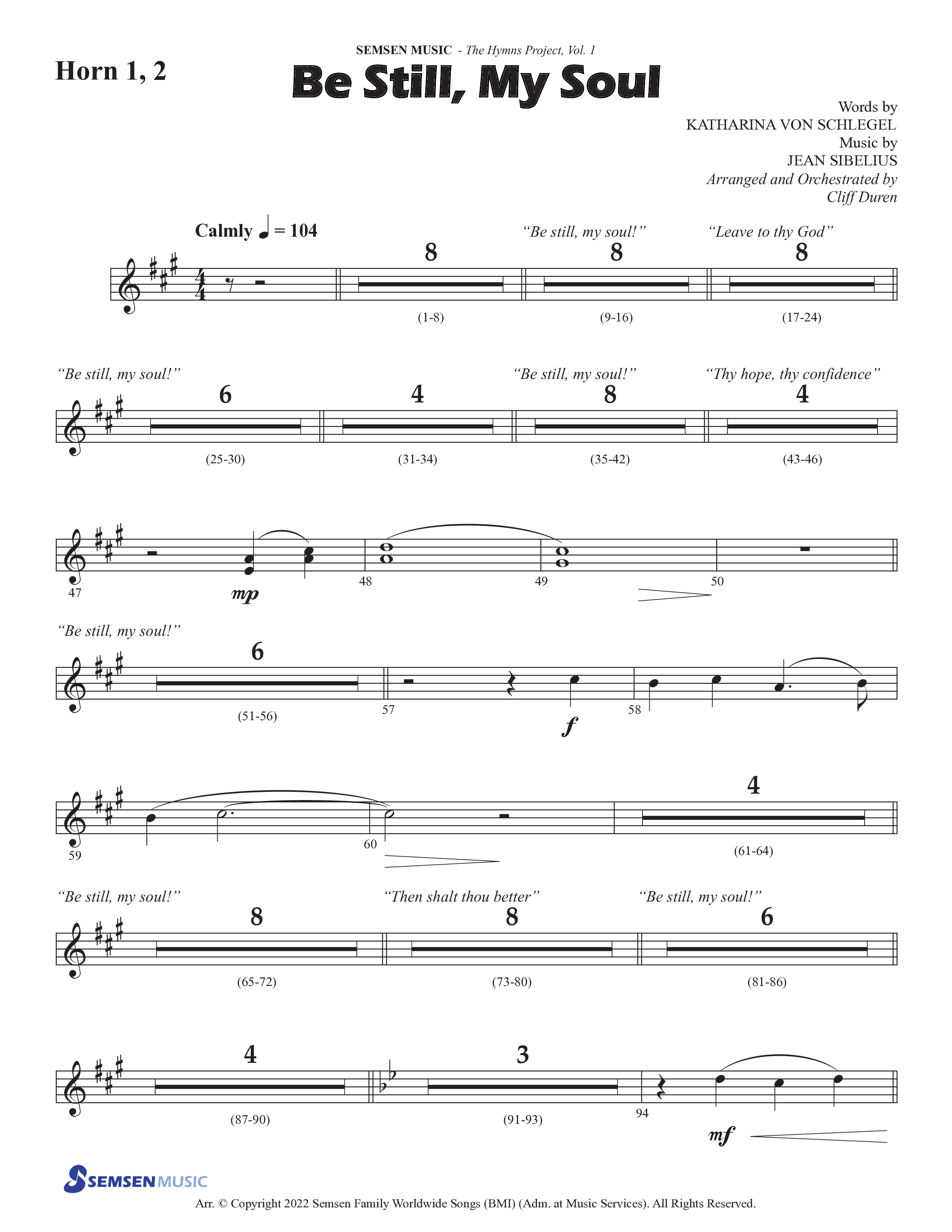 Be Still My Soul (Choral Anthem SATB) French Horn 1/2 (Semsen Music / Arr. Cliff Duren)