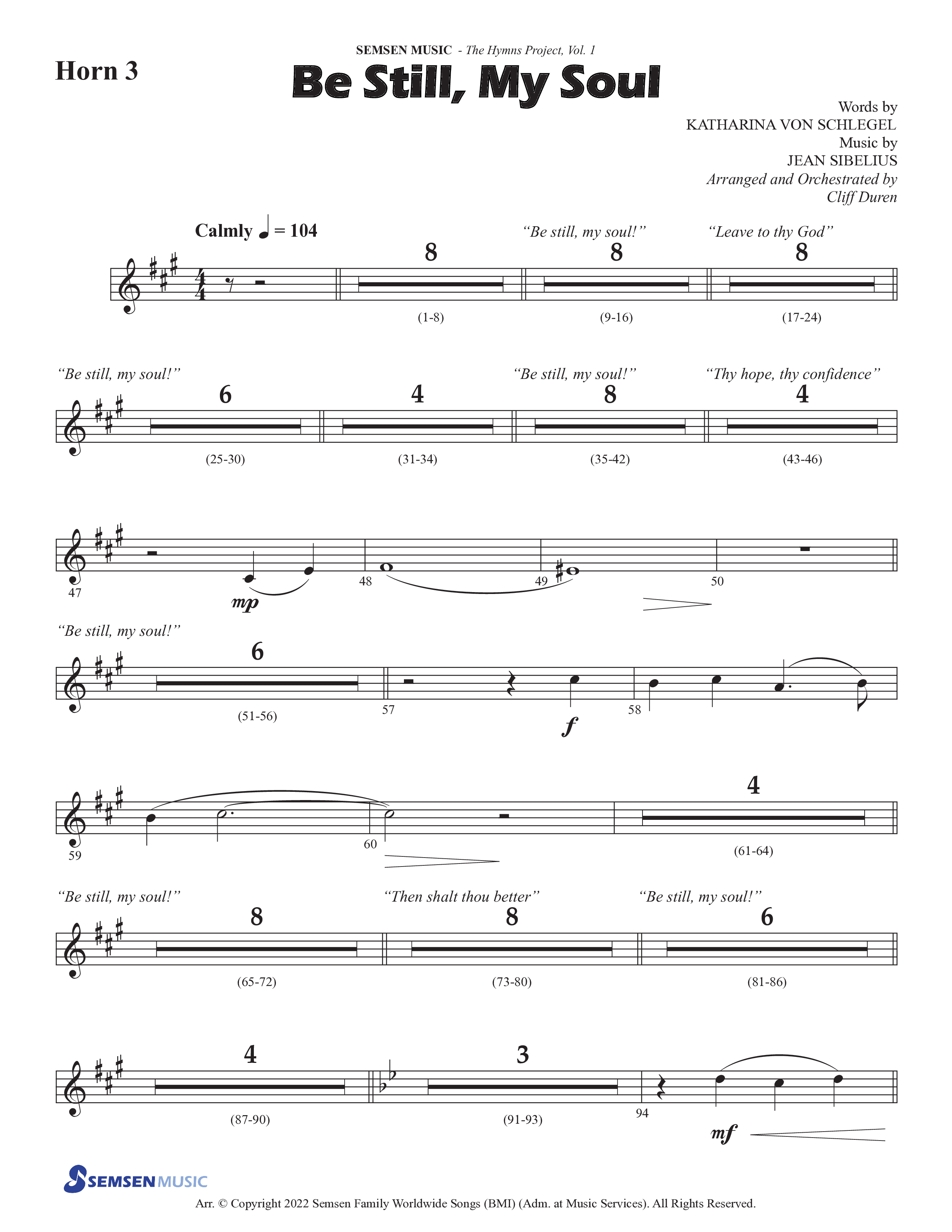 Be Still My Soul (Choral Anthem SATB) French Horn 3 (Semsen Music / Arr. Cliff Duren)