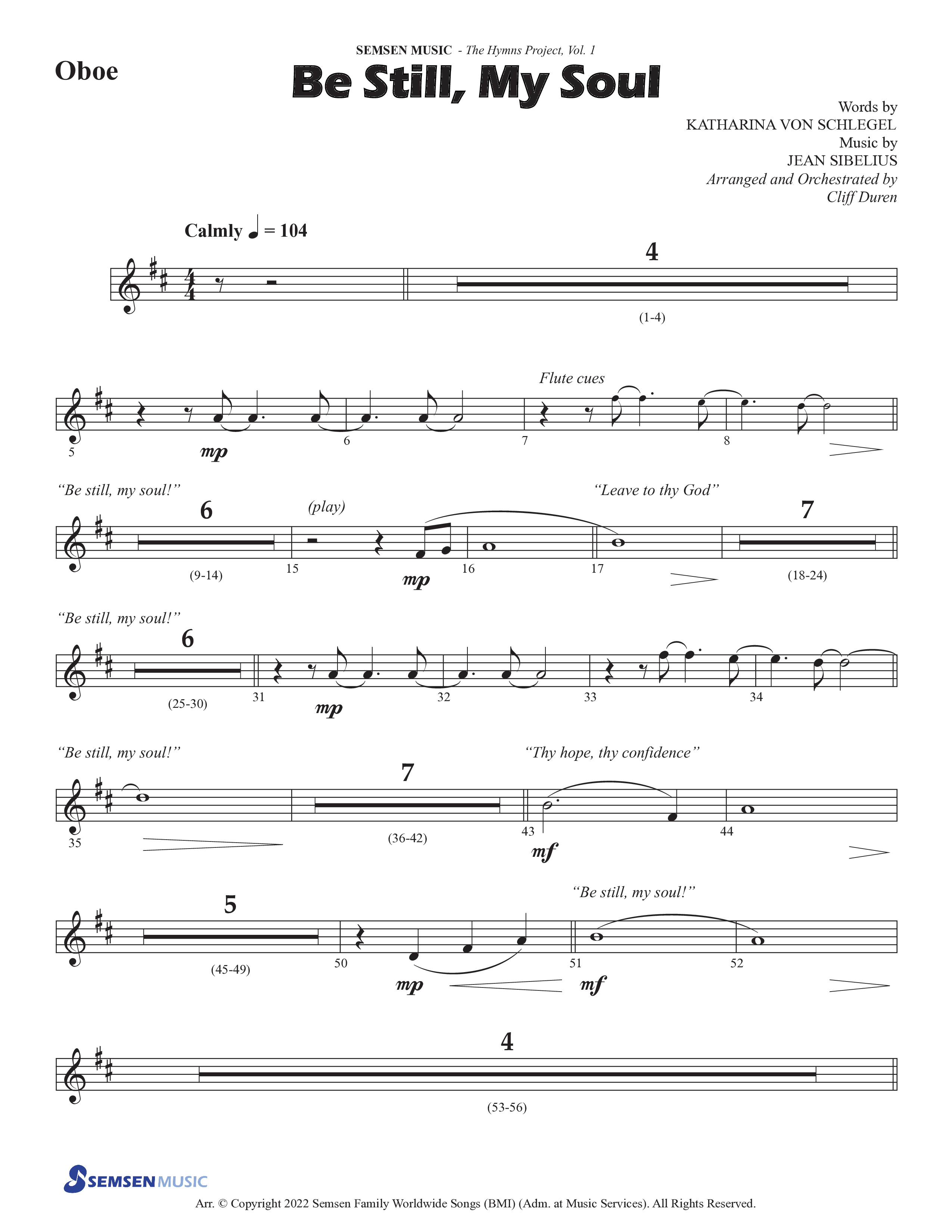 Be Still My Soul (Choral Anthem SATB) Oboe (Semsen Music / Arr. Cliff Duren)