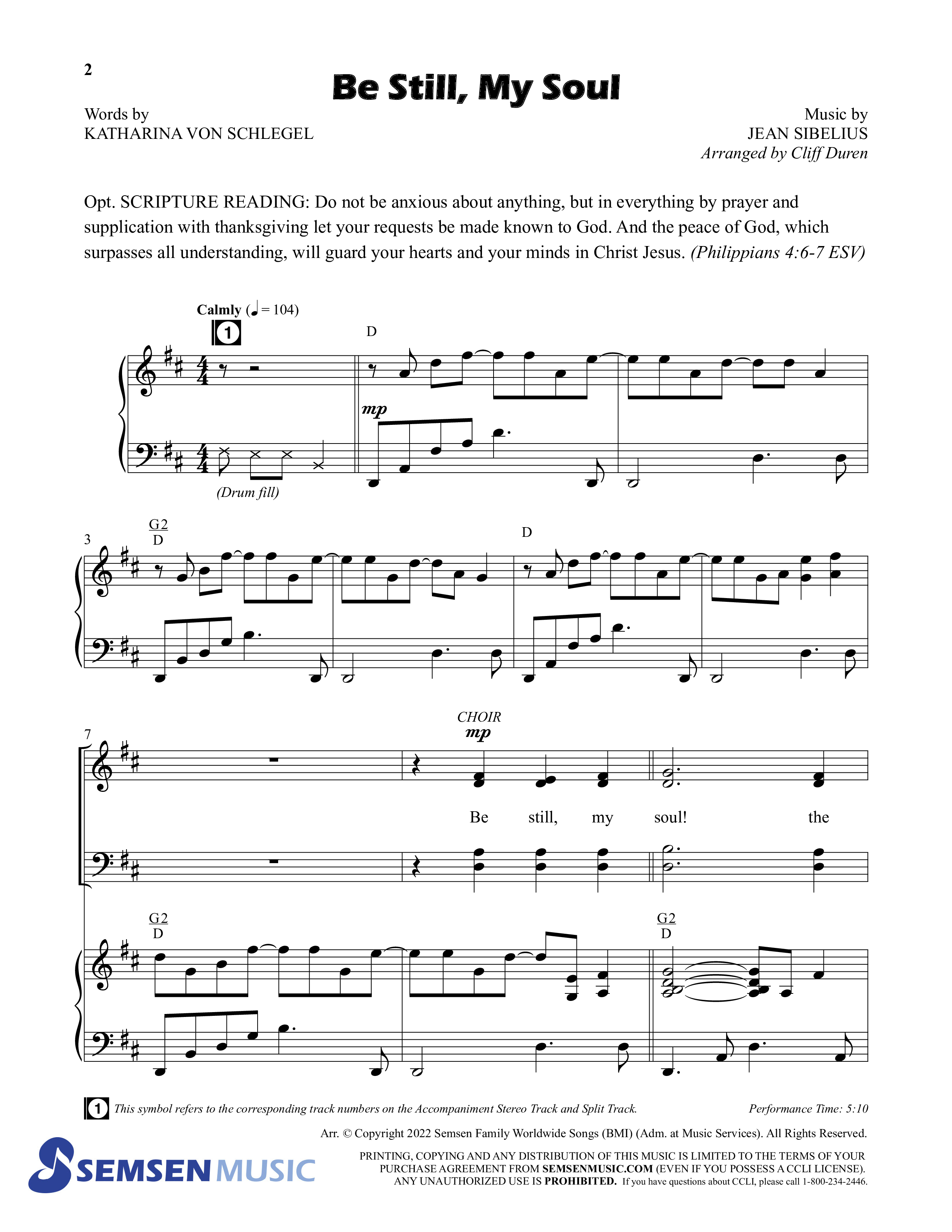 Be Still My Soul (Choral Anthem SATB) Anthem (SATB/Piano) (Semsen Music / Arr. Cliff Duren)