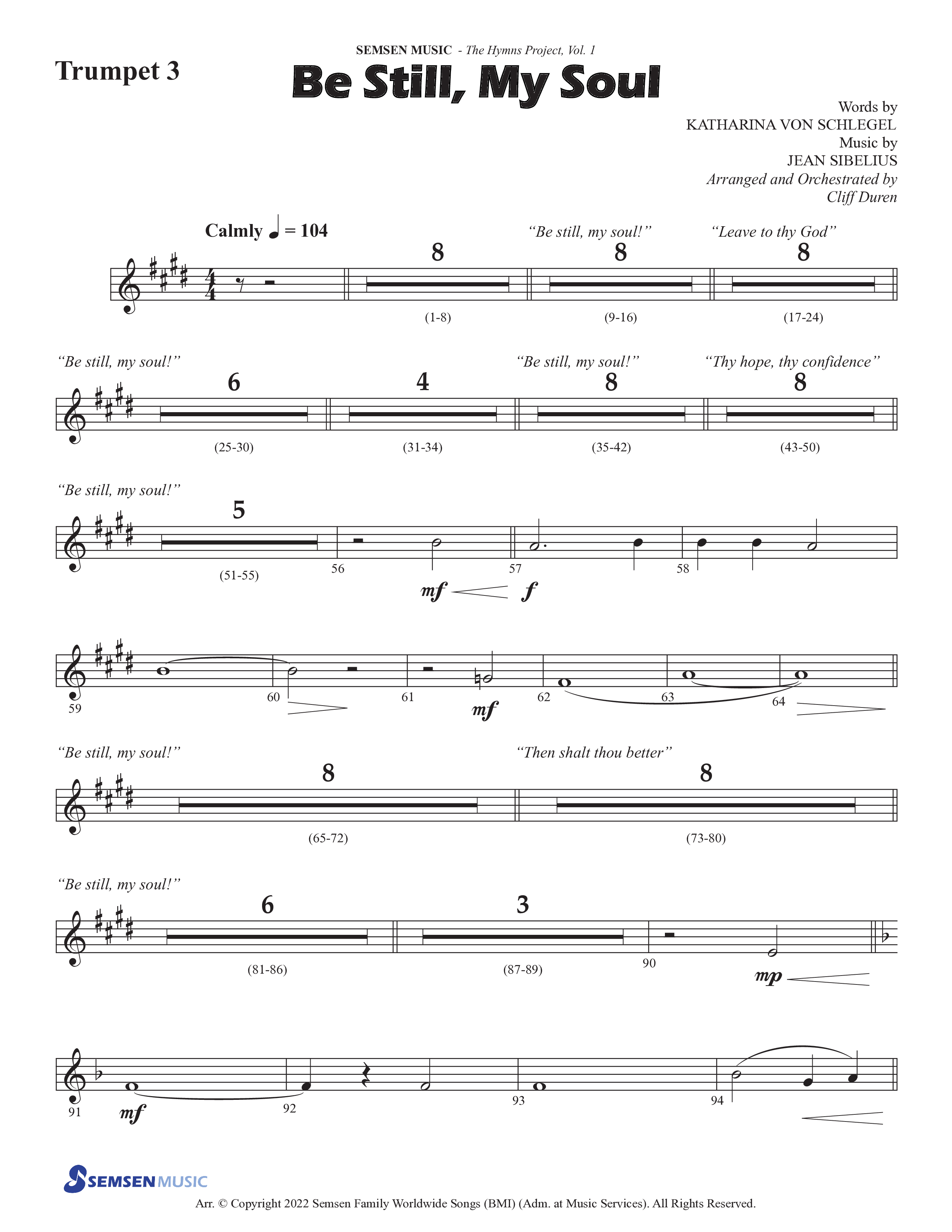 Be Still My Soul (Choral Anthem SATB) Trumpet 3 (Semsen Music / Arr. Cliff Duren)
