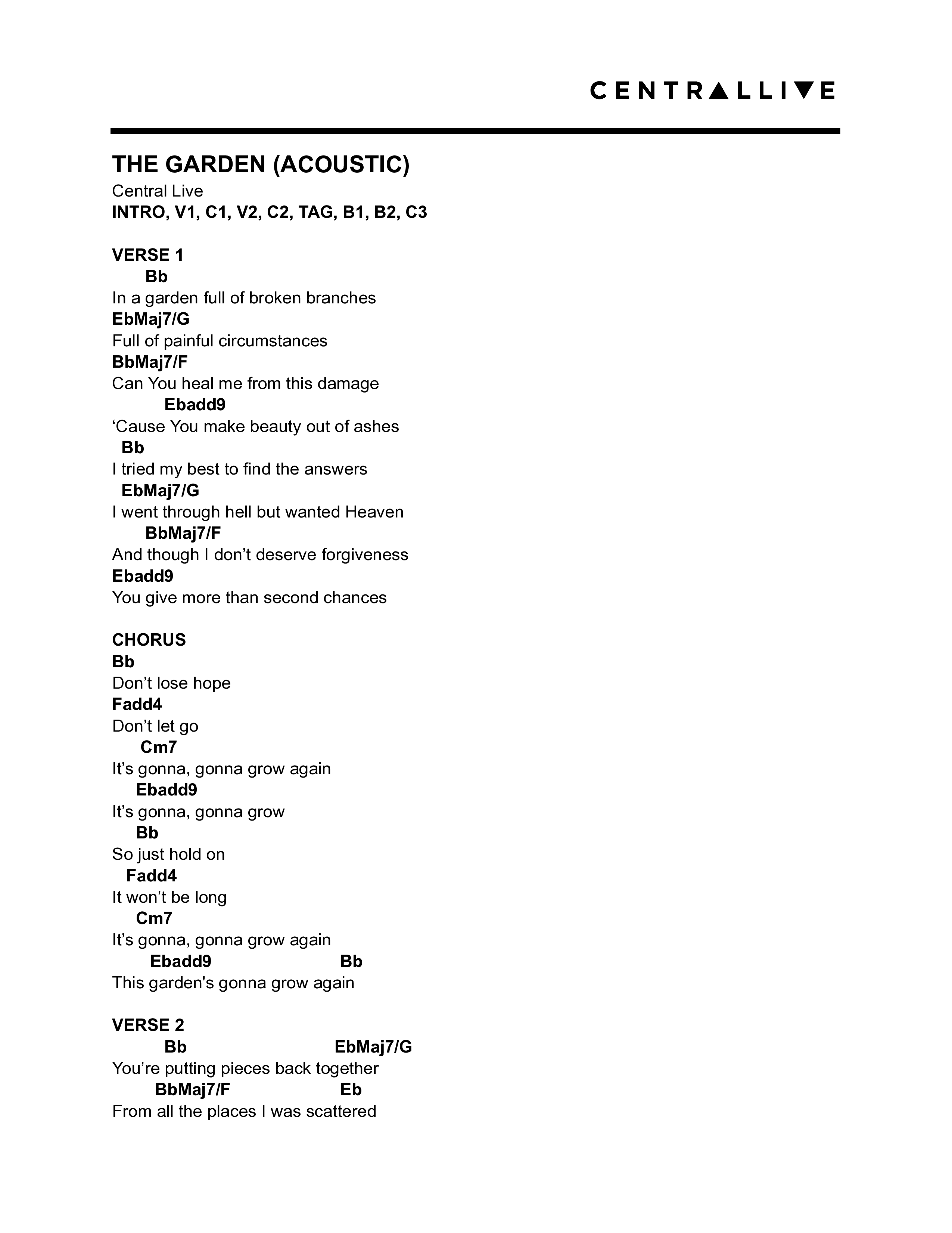 The Garden (Acoustic) Chord Chart (Central Live)