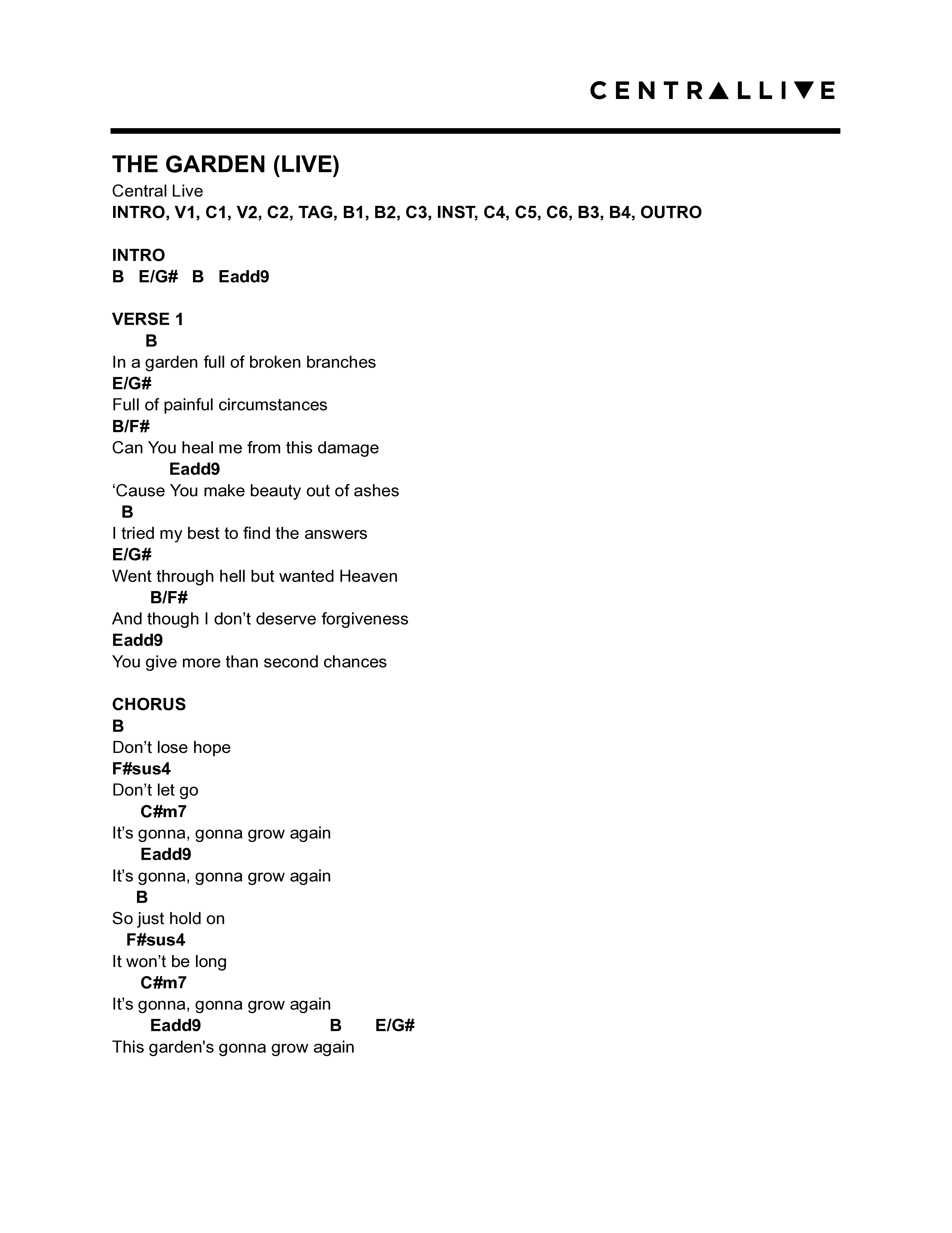 The Garden (Live) Chord Chart (Central Live)